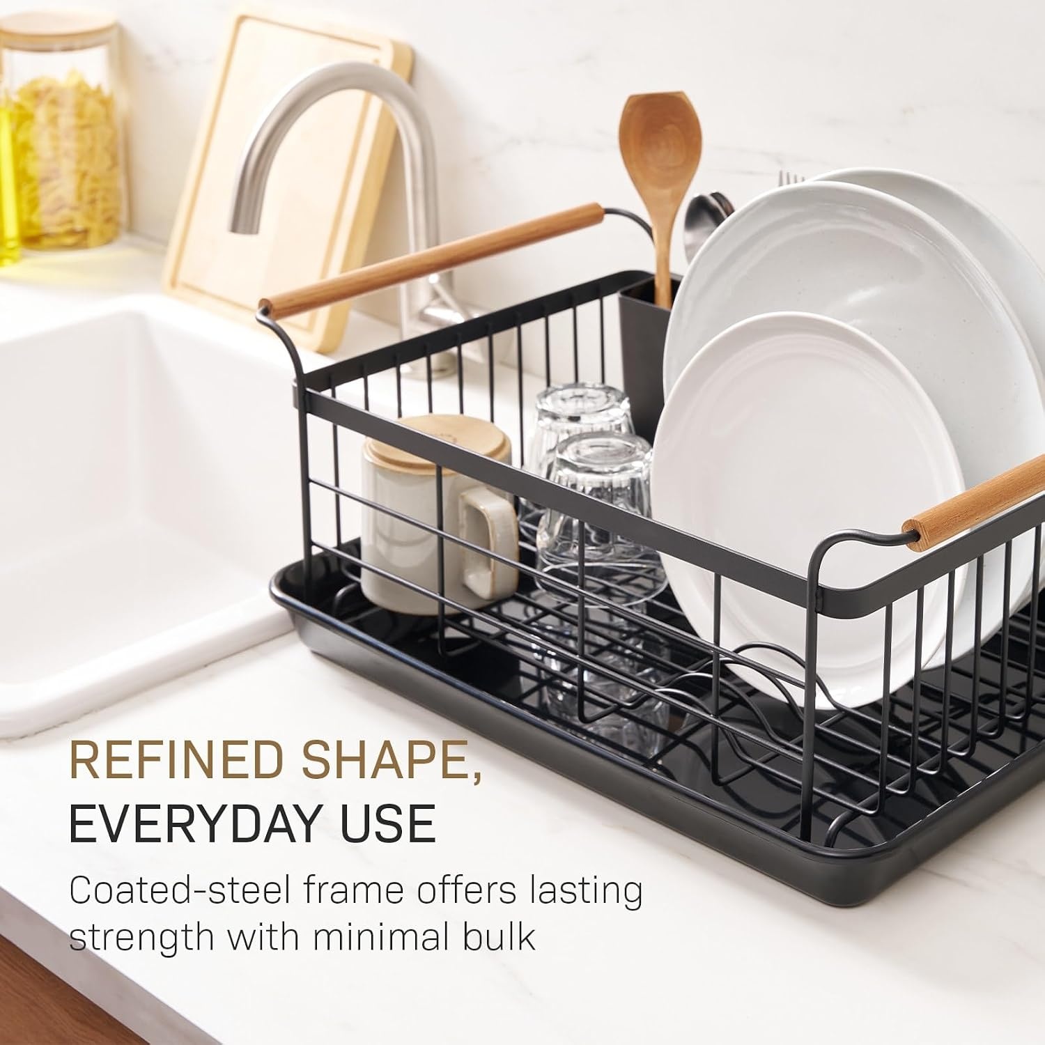 image:imageYAMAZAKI Home Dish Drying Rack Modern White Dish Rack for Kitchen Counter with Removable Drying Tray and Cutlery Holder Steel Wood Dish Drying Organizer Steel Wood Black