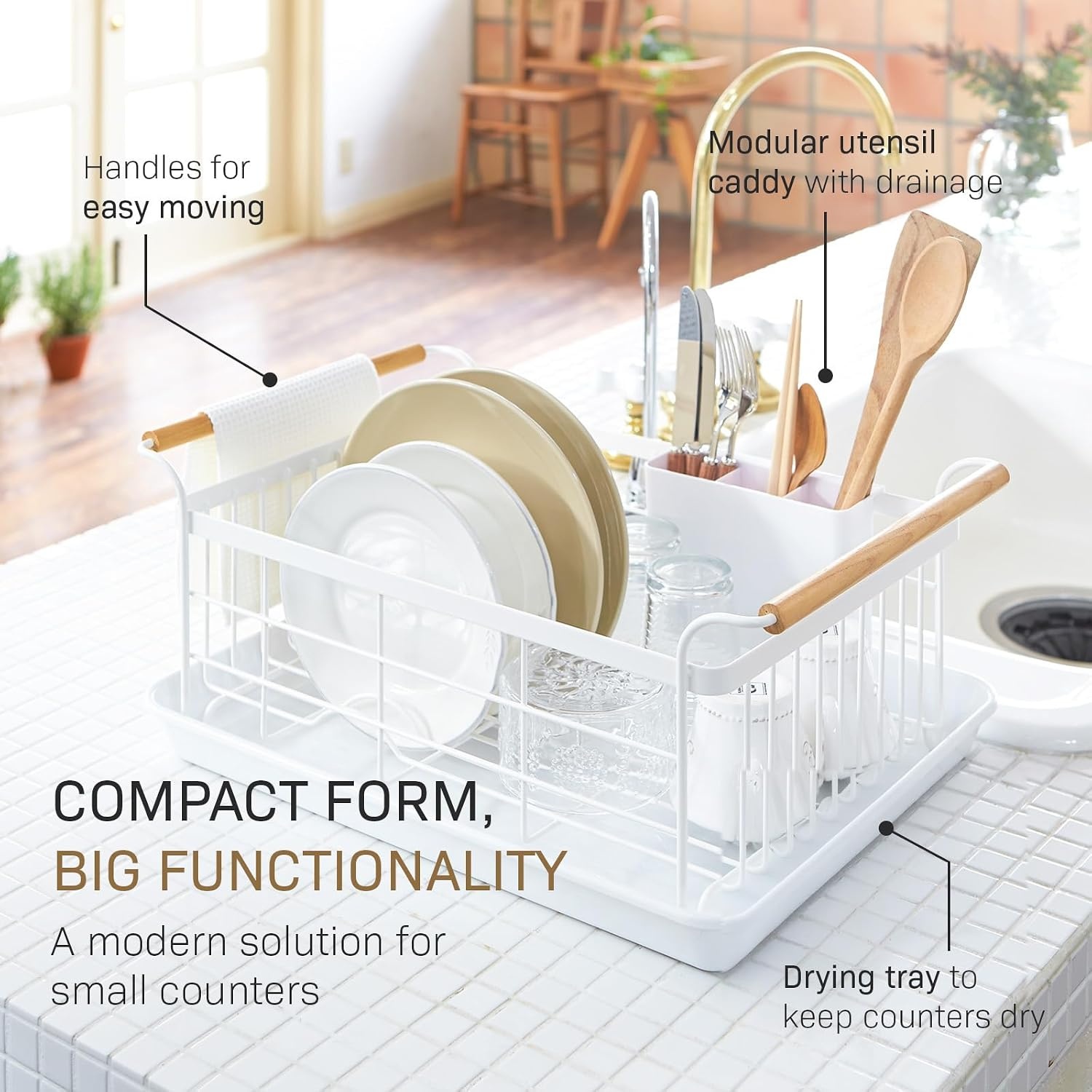 image:imageYAMAZAKI Home Dish Drying Rack Modern White Dish Rack for Kitchen Counter with Removable Drying Tray and Cutlery Holder Steel Wood Dish Drying Organizer Steel Wood White