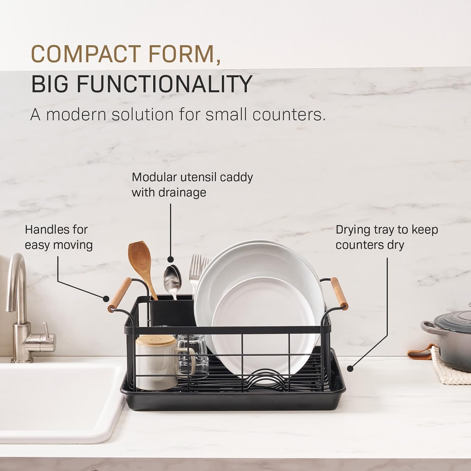 image:imageYAMAZAKI Home Dish Drying Rack Modern White Dish Rack for Kitchen Counter with Removable Drying Tray and Cutlery Holder Steel Wood Dish Drying Organizer Steel Wood Black
