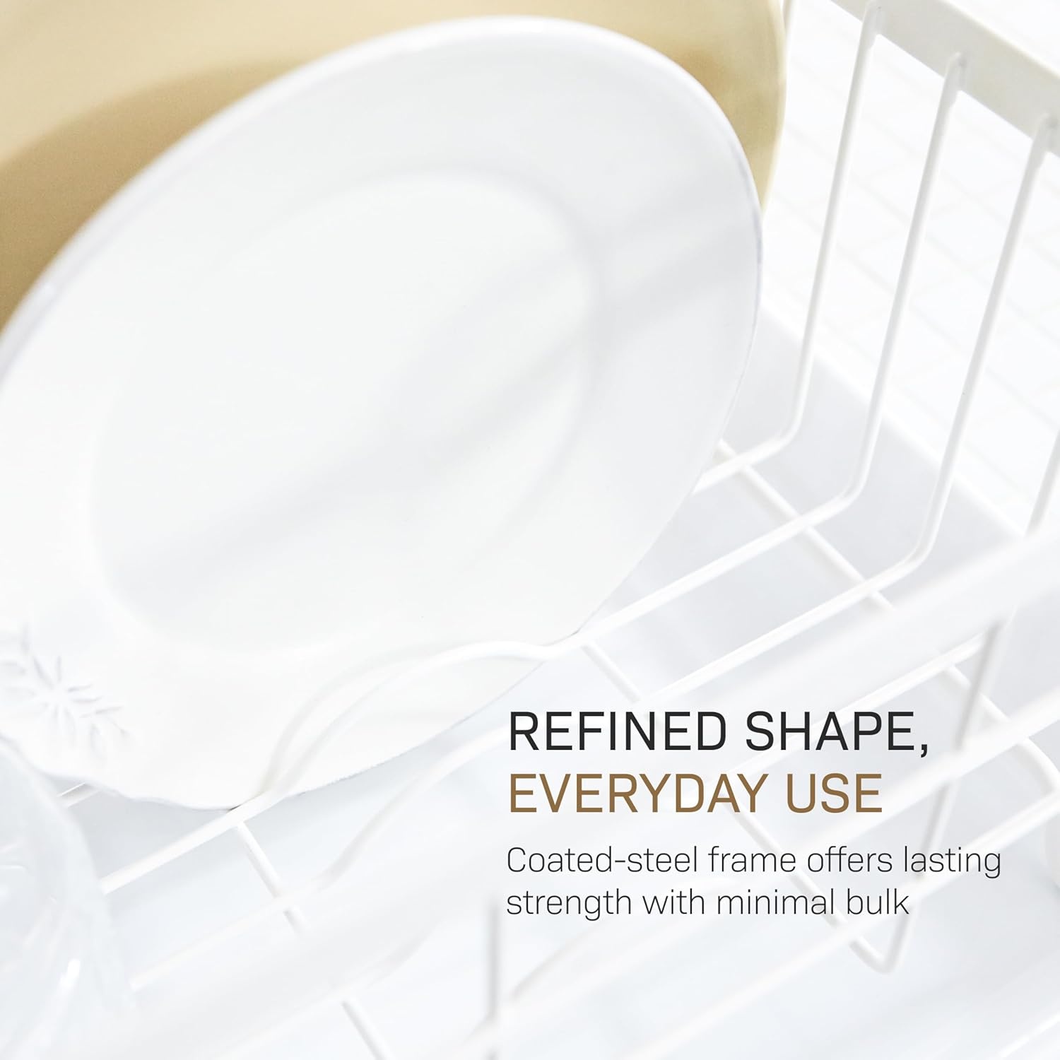 image:imageYAMAZAKI Home Dish Drying Rack Modern White Dish Rack for Kitchen Counter with Removable Drying Tray and Cutlery Holder Steel Wood Dish Drying Organizer Steel Wood White