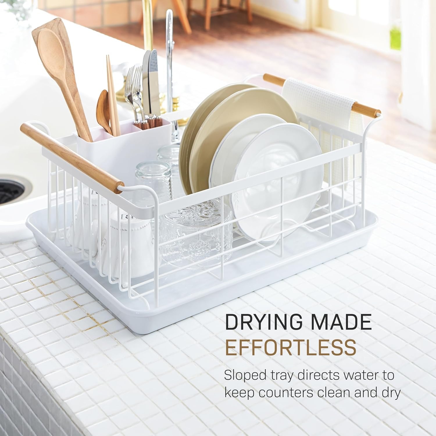 image:imageYAMAZAKI Home Dish Drying Rack Modern White Dish Rack for Kitchen Counter with Removable Drying Tray and Cutlery Holder Steel Wood Dish Drying Organizer Steel Wood White