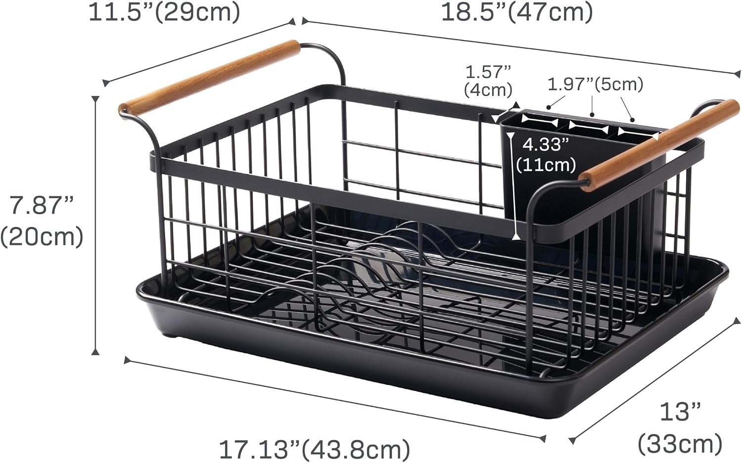 image:imageYAMAZAKI Home Dish Drying Rack Modern White Dish Rack for Kitchen Counter with Removable Drying Tray and Cutlery Holder Steel Wood Dish Drying Organizer Steel Wood Black