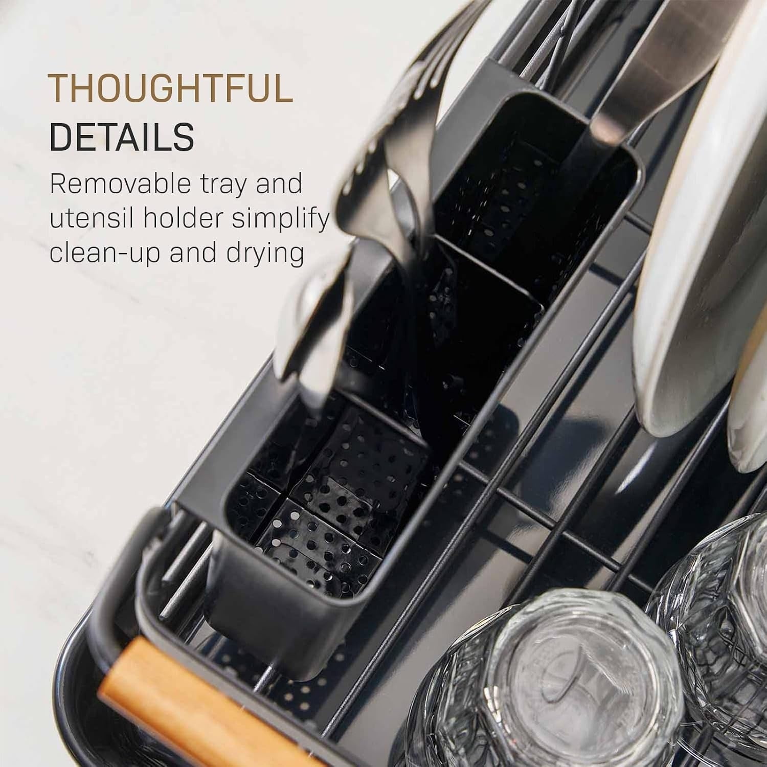 image:imageYAMAZAKI Home Dish Drying Rack Modern White Dish Rack for Kitchen Counter with Removable Drying Tray and Cutlery Holder Steel Wood Dish Drying Organizer Steel Wood Black