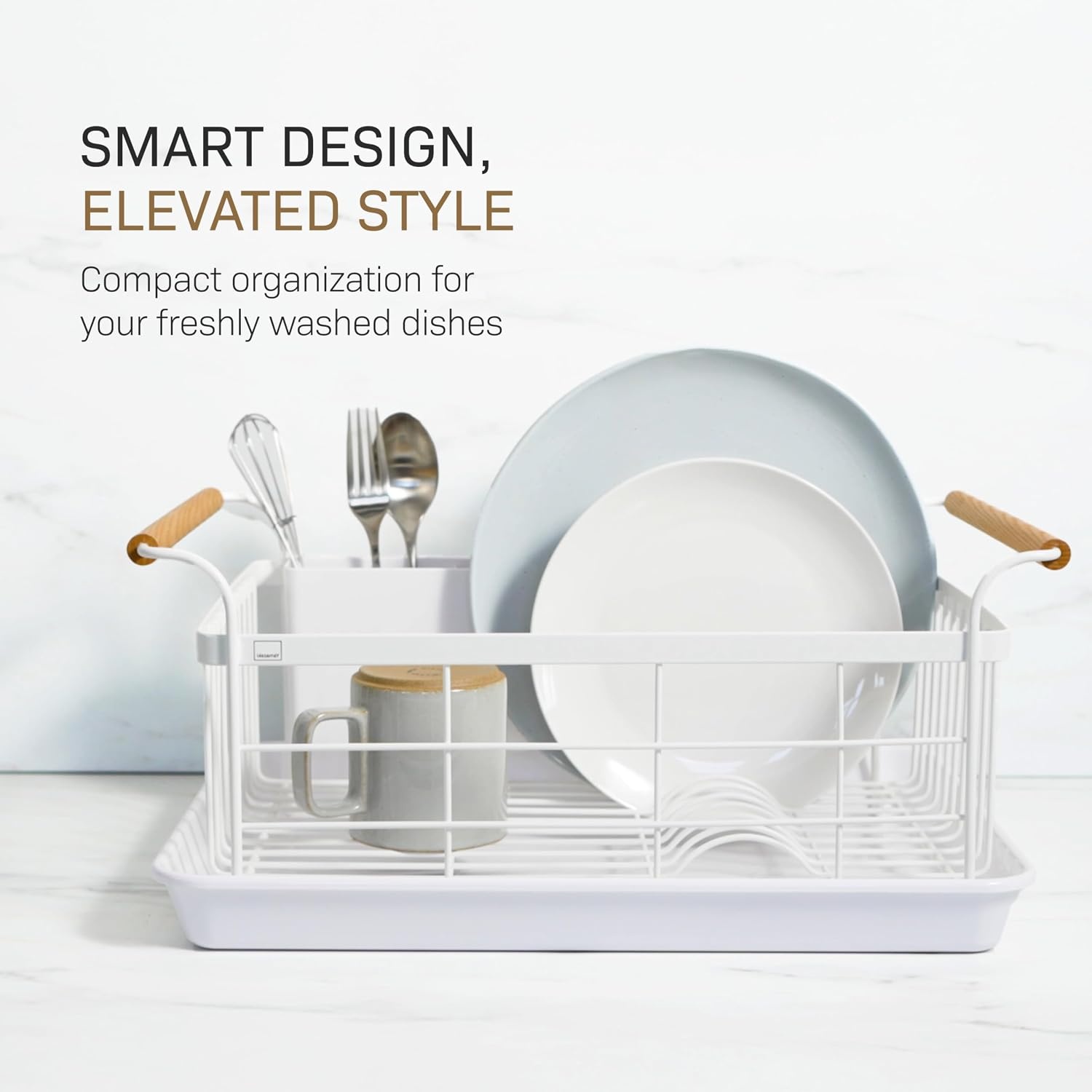 image:imageYAMAZAKI Home Dish Drying Rack Modern White Dish Rack for Kitchen Counter with Removable Drying Tray and Cutlery Holder Steel Wood Dish Drying Organizer Steel Wood White