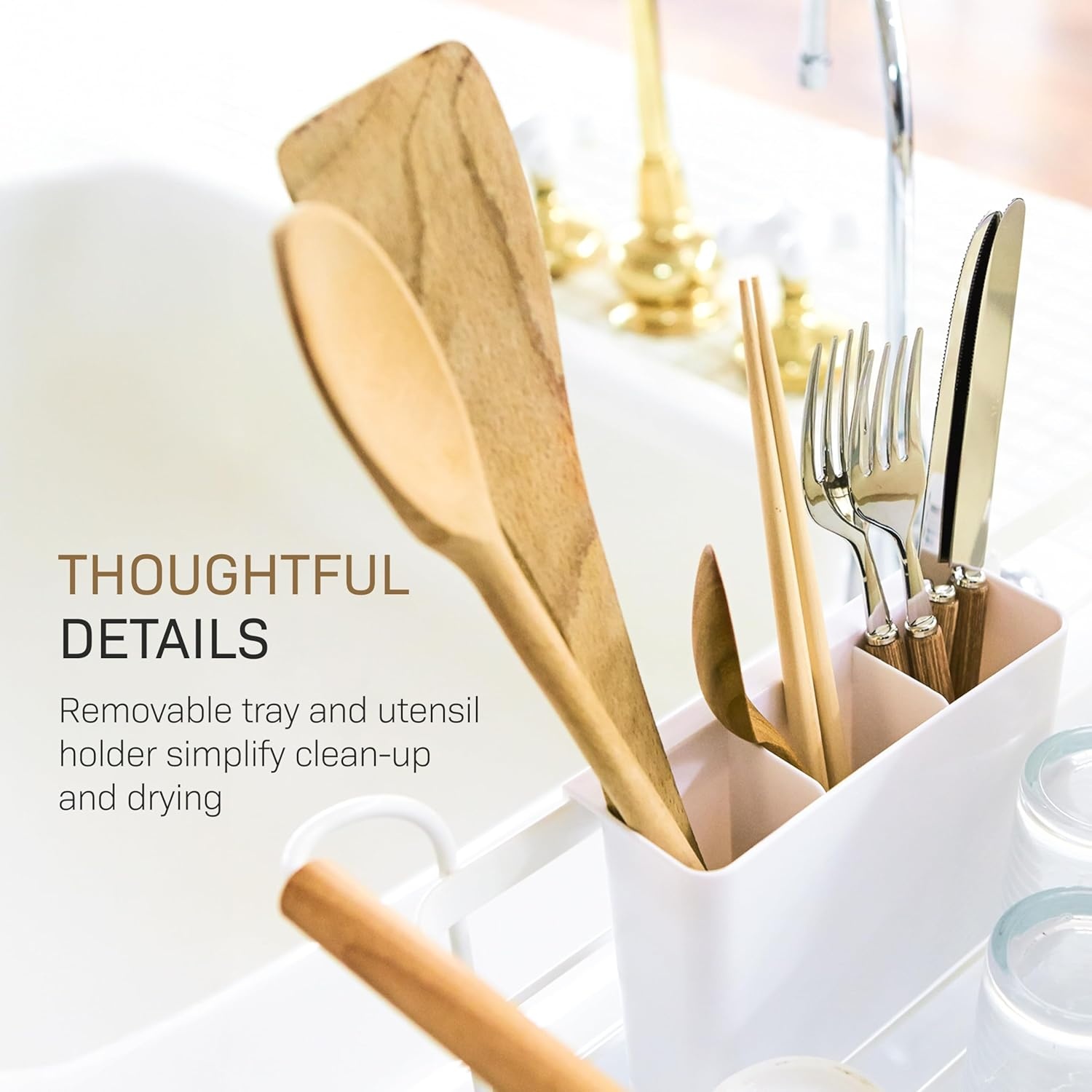 image:imageYAMAZAKI Home Dish Drying Rack Modern White Dish Rack for Kitchen Counter with Removable Drying Tray and Cutlery Holder Steel Wood Dish Drying Organizer Steel Wood White