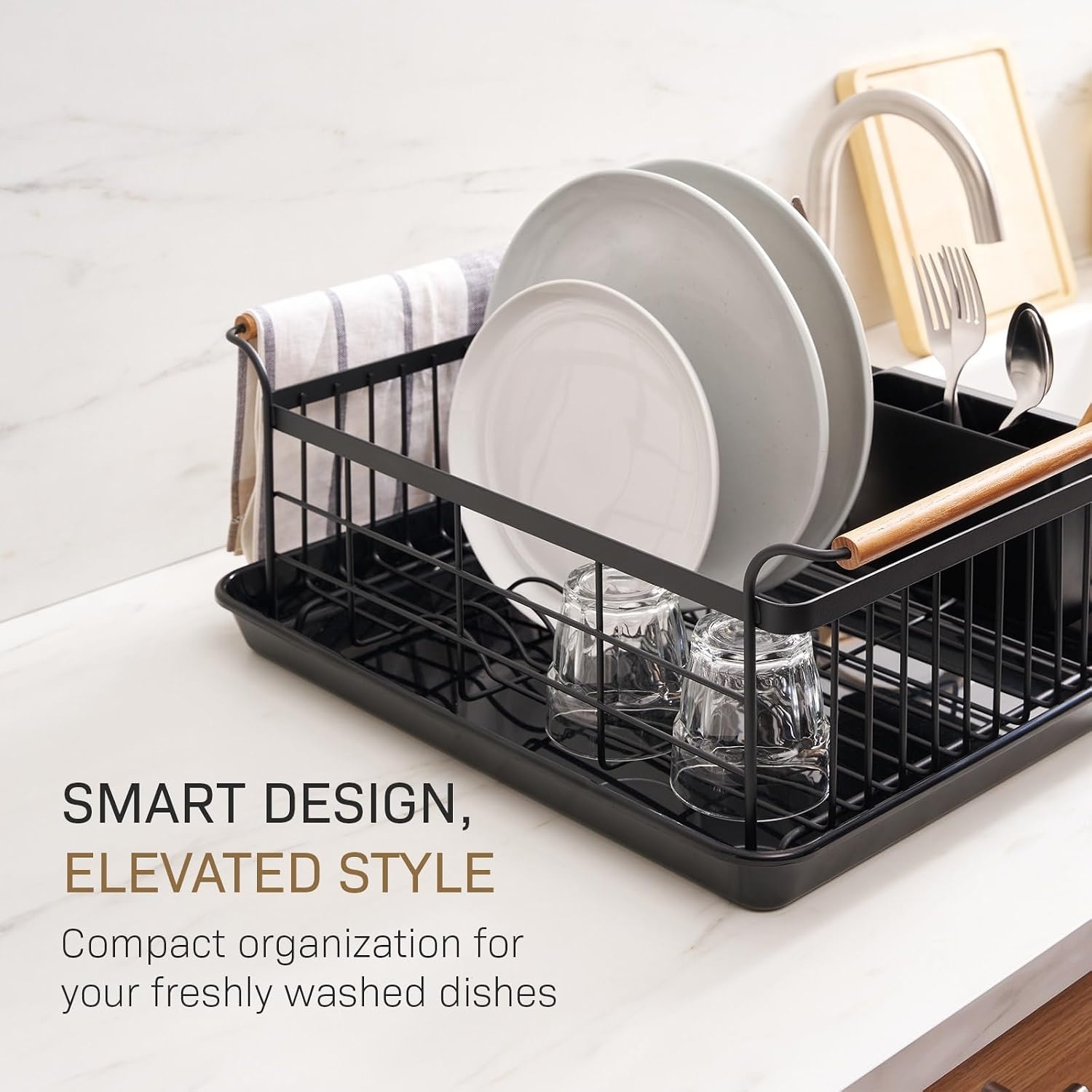 image:imageYAMAZAKI Home Dish Drying Rack Modern White Dish Rack for Kitchen Counter with Removable Drying Tray and Cutlery Holder Steel Wood Dish Drying Organizer Steel Wood Black