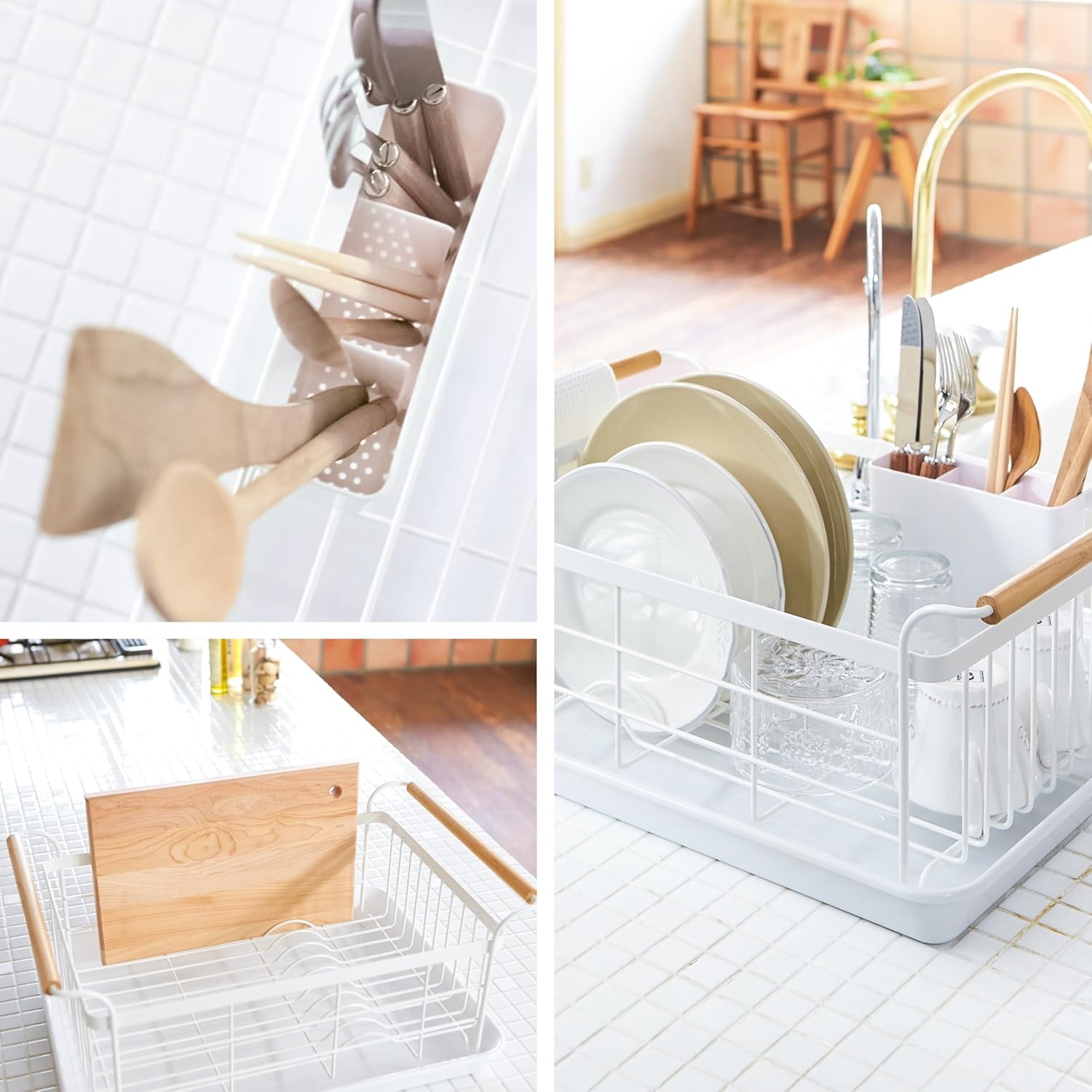 image:imageYAMAZAKI Home Dish Drying Rack Modern White Dish Rack for Kitchen Counter with Removable Drying Tray and Cutlery Holder Steel Wood Dish Drying Organizer Steel Wood White