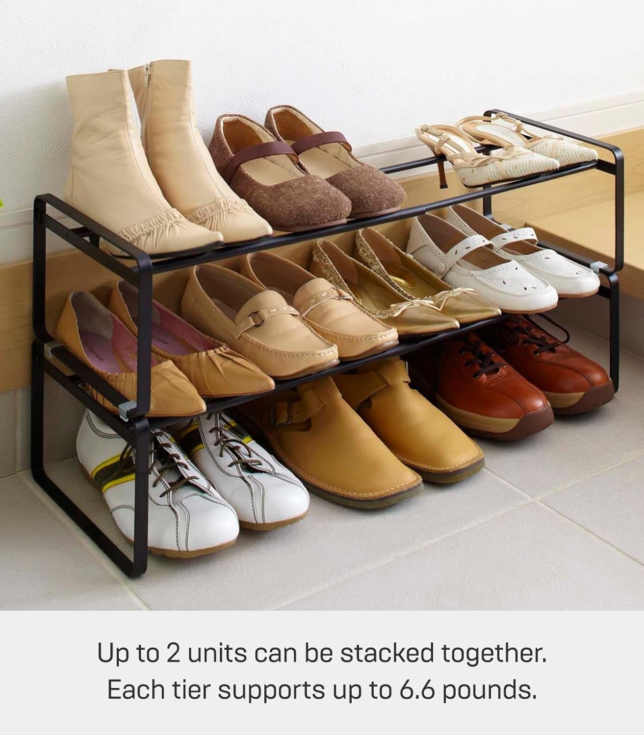 image:imageYAMAZAKI Home Frame Expandable Shoe Rack Stackable Metal Shoe Organizer for Closets amp Small Spaces 18 Steel Black