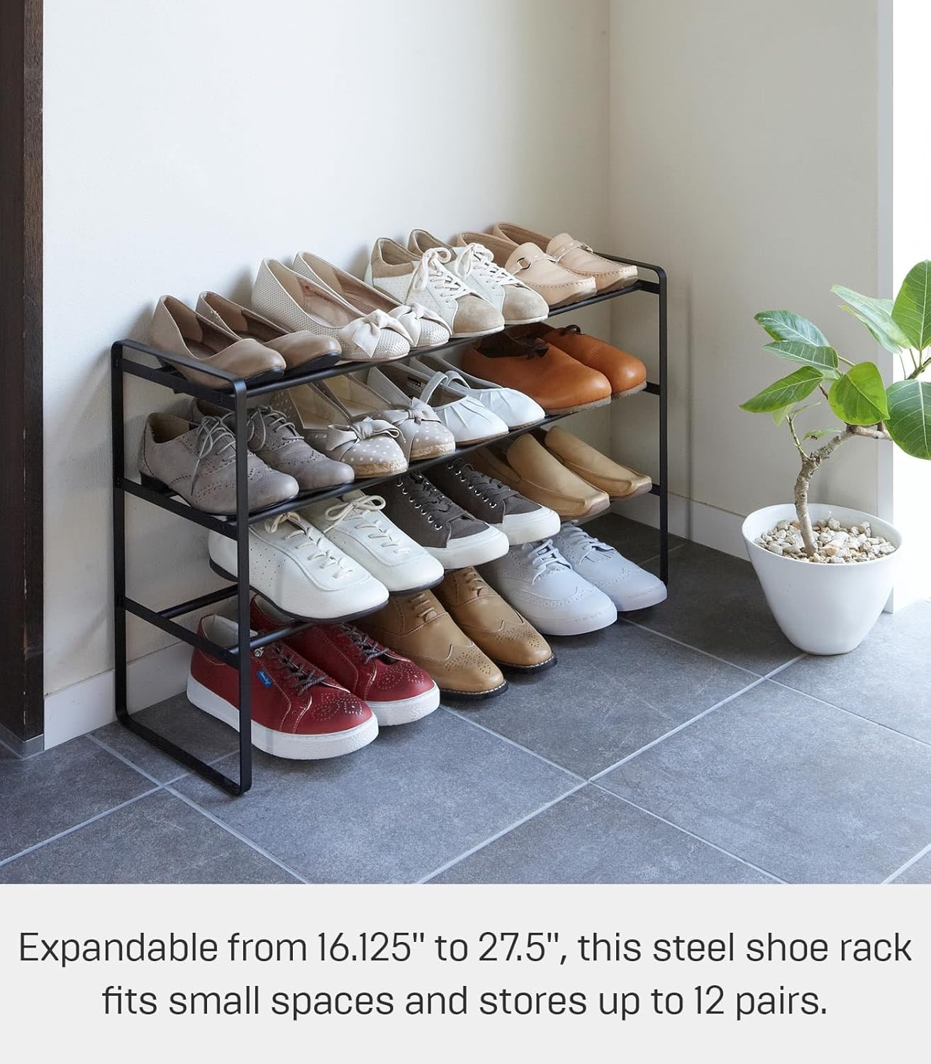 image:imageYAMAZAKI Home Frame Expandable Shoe Rack Stackable Metal Shoe Organizer for Closets amp Small Spaces 18 Steel Black