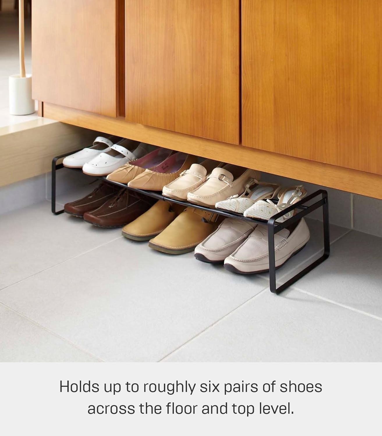 image:imageYAMAZAKI Home Frame Expandable Shoe Rack Stackable Metal Shoe Organizer for Closets amp Small Spaces 18 Steel Black
