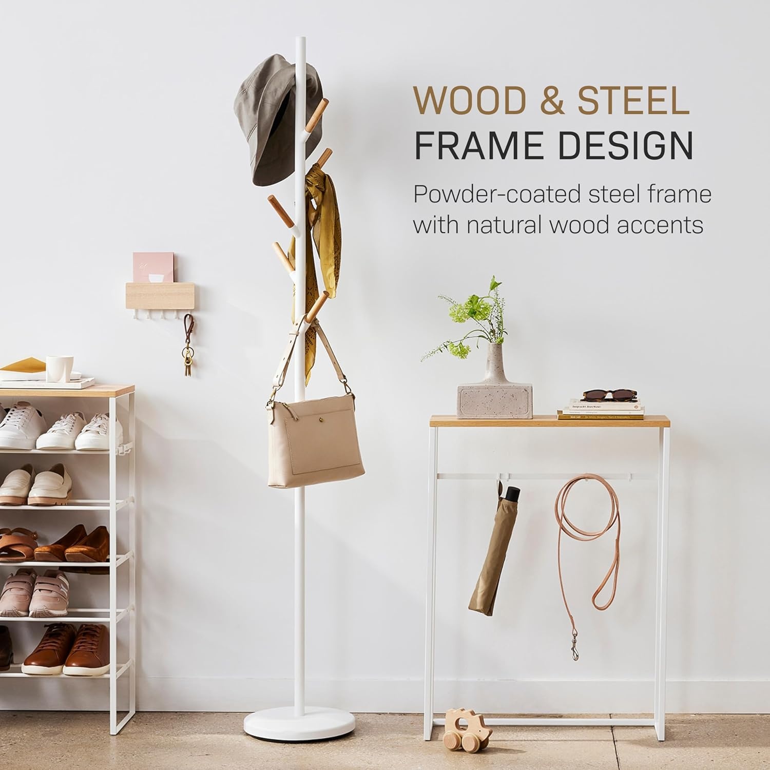 image:imageYAMAZAKI Home Freestanding Coat Rack Stand Modern Coat Tree with Wooden Hooks Standing Coat Hanger for Entryway Sturdy Weighted Base Steel Black Easy AssemblyWhite
