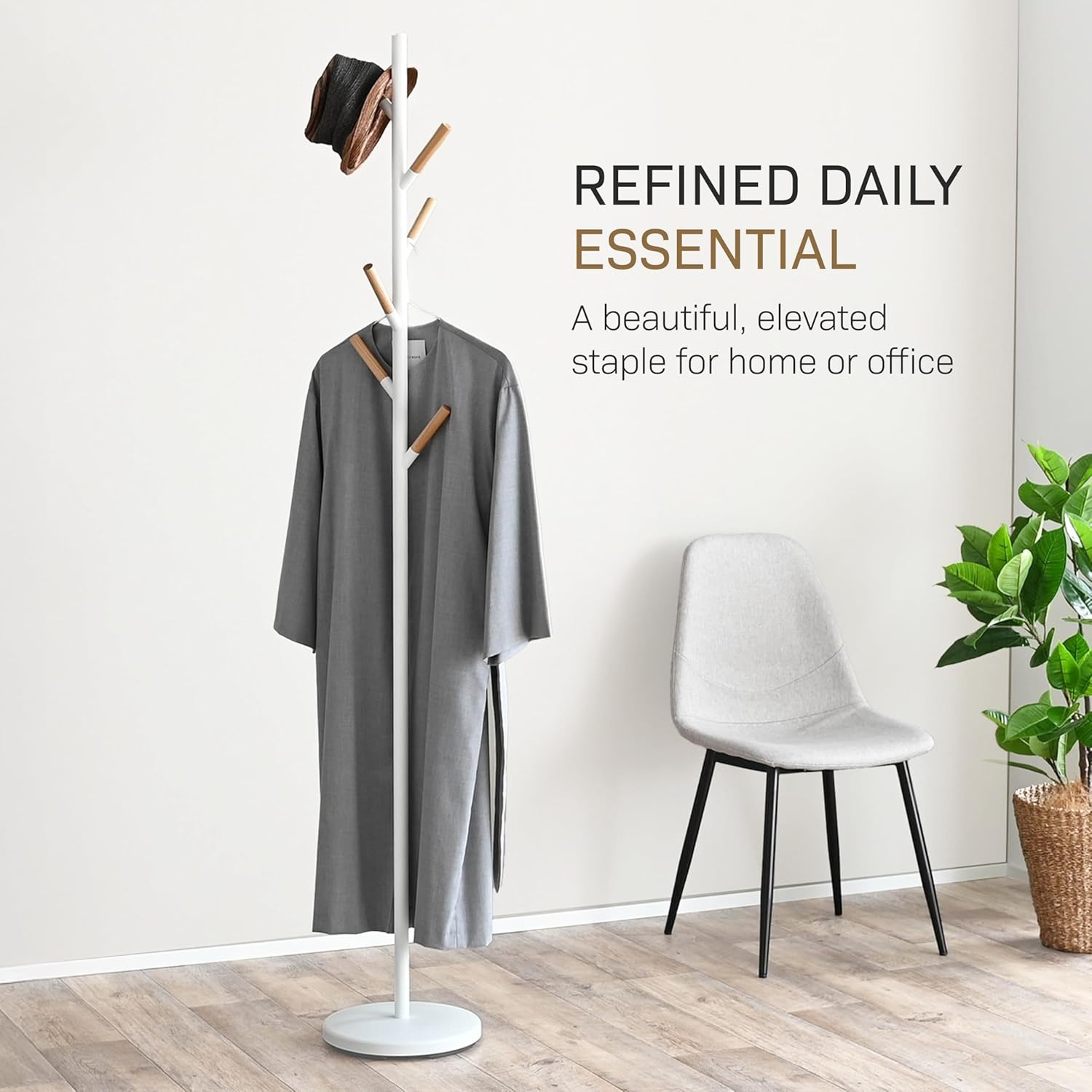 image:imageYAMAZAKI Home Freestanding Coat Rack Stand Modern Coat Tree with Wooden Hooks Standing Coat Hanger for Entryway Sturdy Weighted Base Steel Black Easy AssemblyWhite