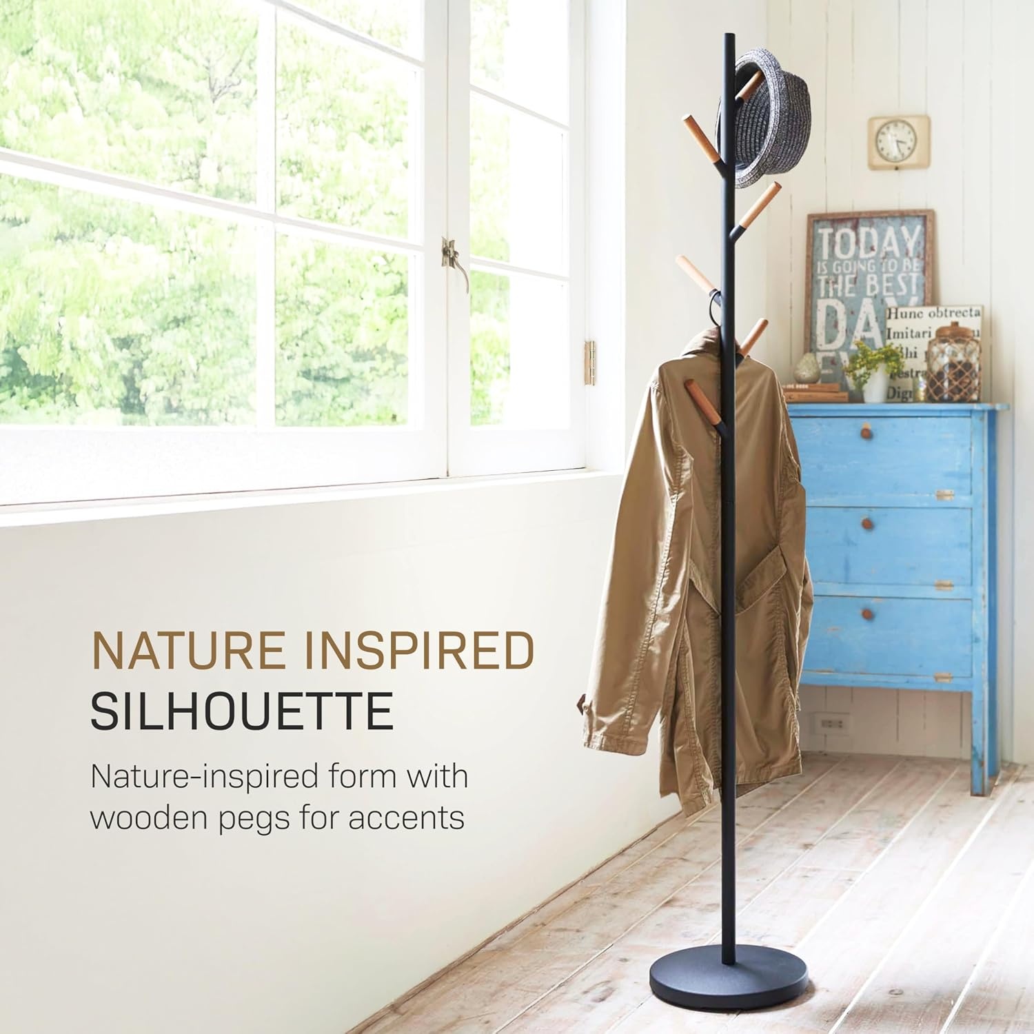 image:imageYAMAZAKI Home Freestanding Coat Rack Stand Modern Coat Tree with Wooden Hooks Standing Coat Hanger for Entryway Sturdy Weighted Base Steel Black Easy AssemblyBlack