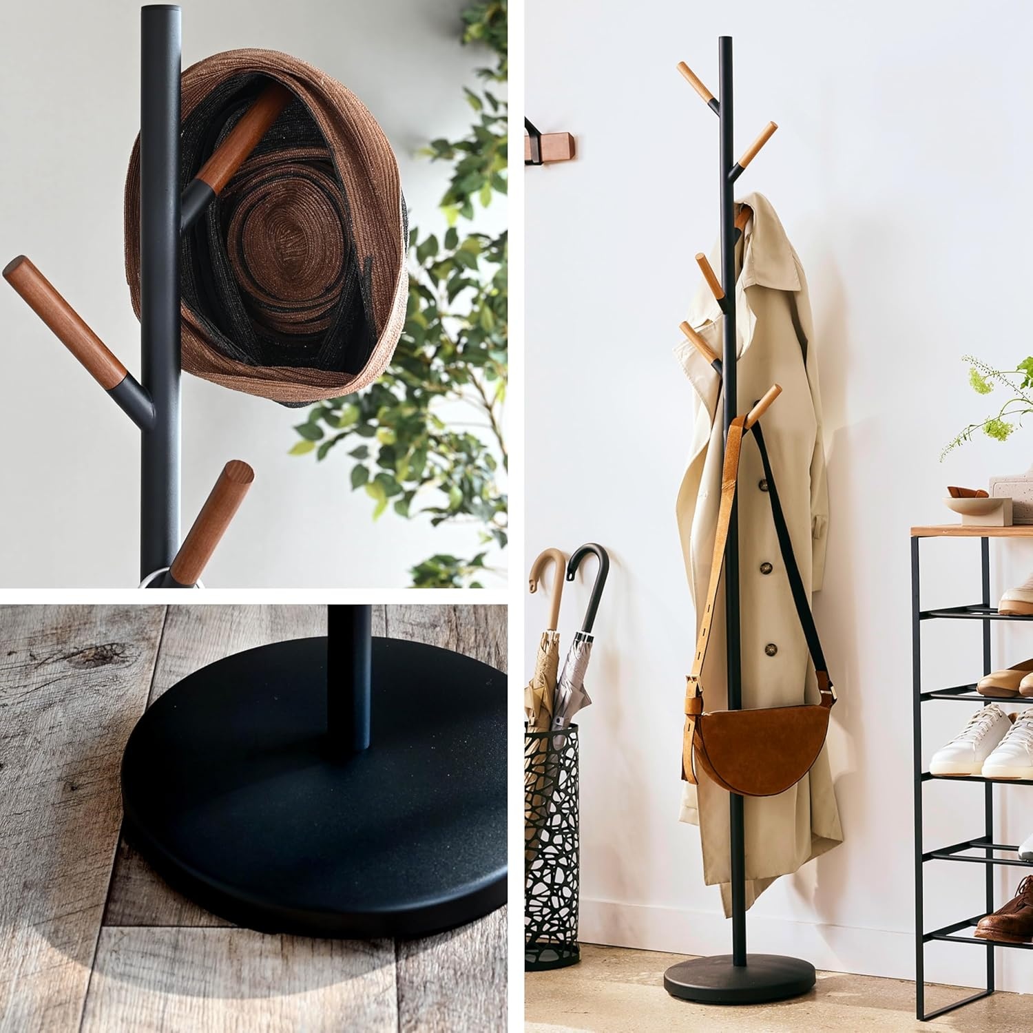 image:imageYAMAZAKI Home Freestanding Coat Rack Stand Modern Coat Tree with Wooden Hooks Standing Coat Hanger for Entryway Sturdy Weighted Base Steel Black Easy AssemblyBlack