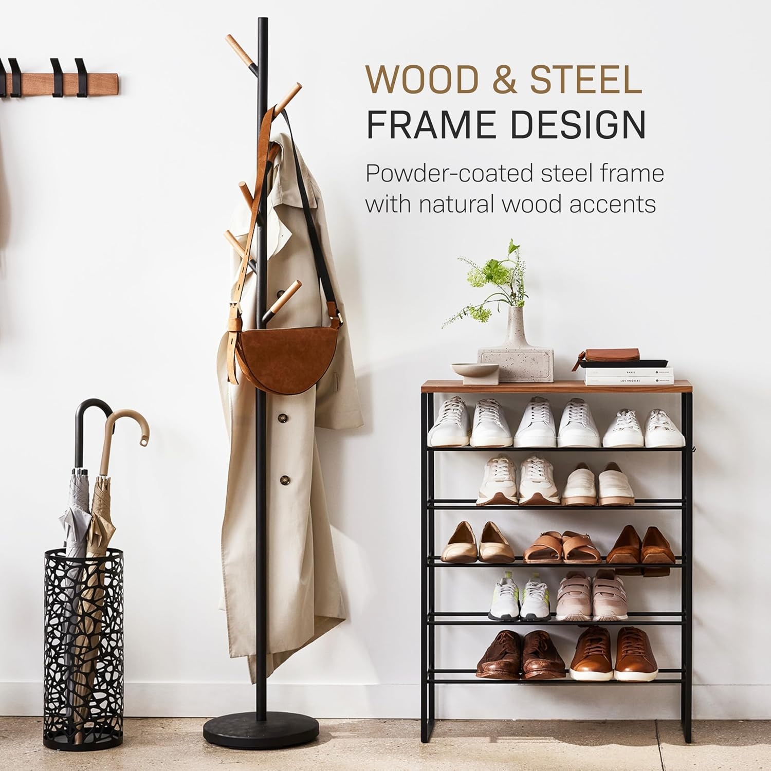 image:imageYAMAZAKI Home Freestanding Coat Rack Stand Modern Coat Tree with Wooden Hooks Standing Coat Hanger for Entryway Sturdy Weighted Base Steel Black Easy AssemblyBlack
