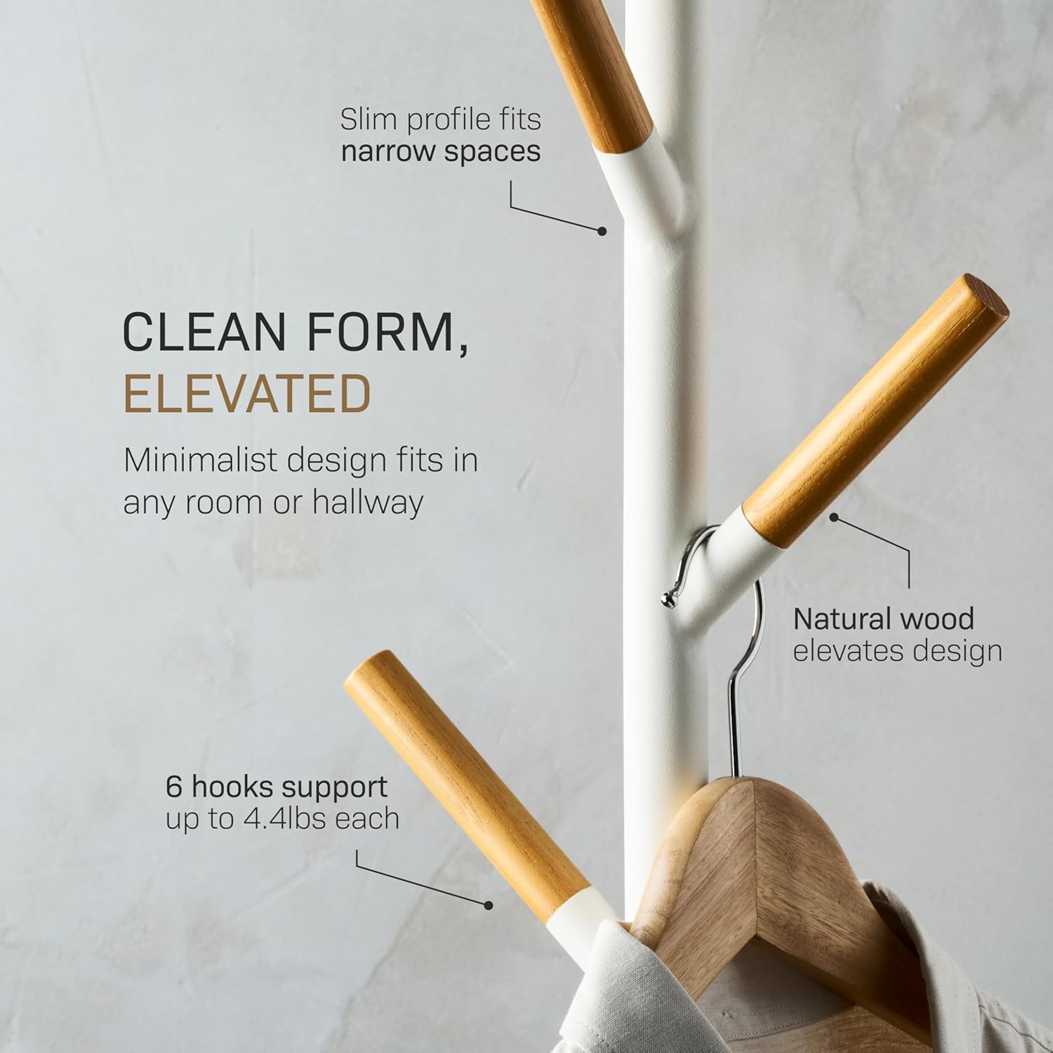image:imageYAMAZAKI Home Freestanding Coat Rack Stand Modern Coat Tree with Wooden Hooks Standing Coat Hanger for Entryway Sturdy Weighted Base Steel Black Easy AssemblyWhite