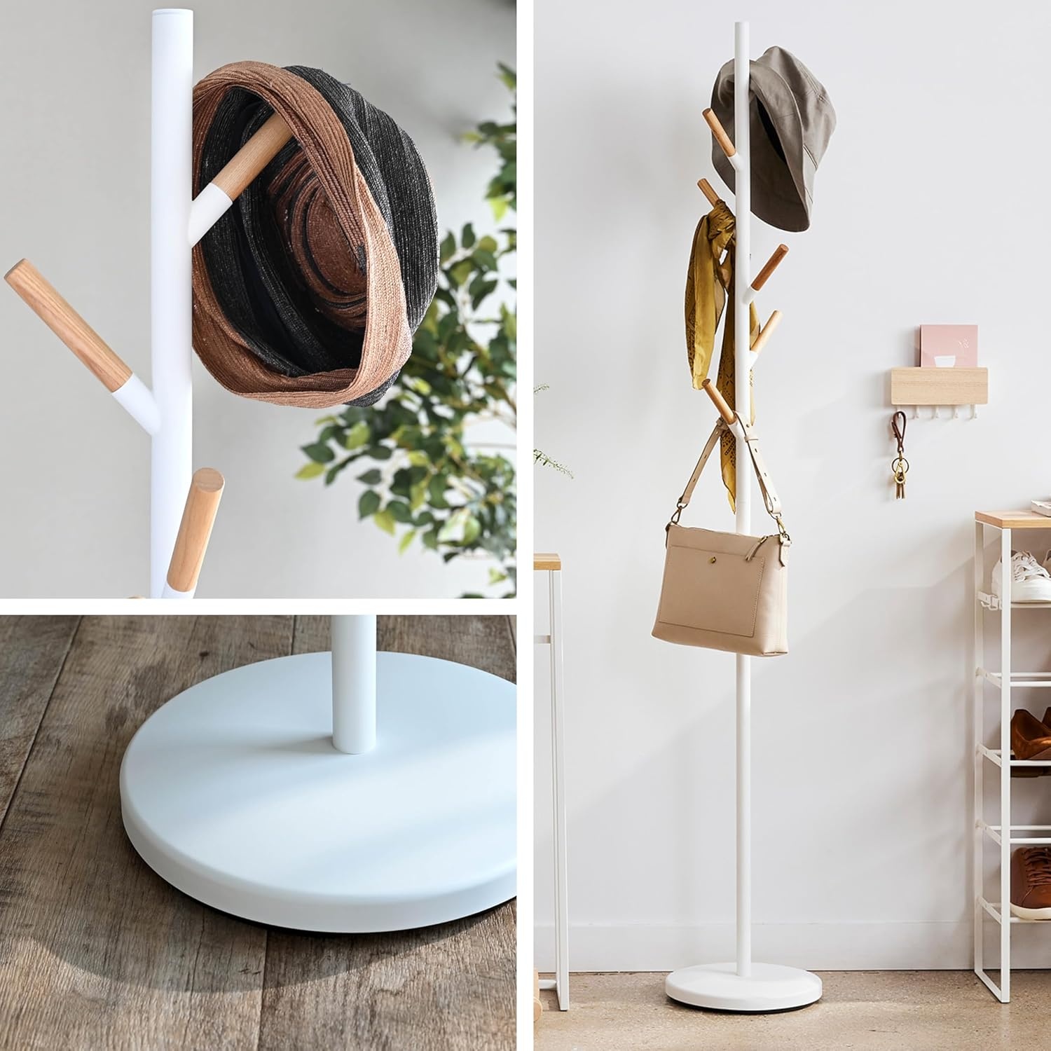 image:imageYAMAZAKI Home Freestanding Coat Rack Stand Modern Coat Tree with Wooden Hooks Standing Coat Hanger for Entryway Sturdy Weighted Base Steel Black Easy AssemblyWhite