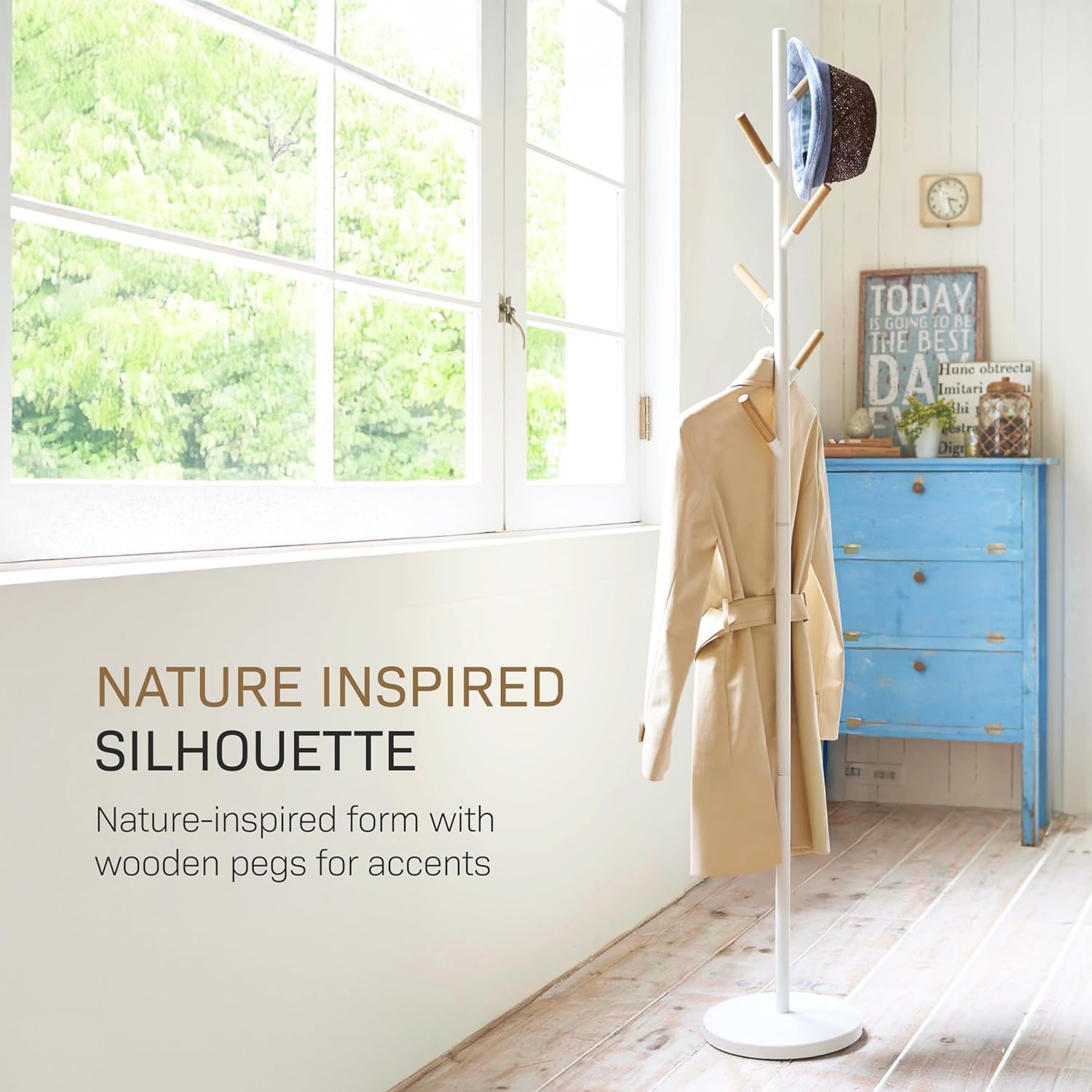 image:imageYAMAZAKI Home Freestanding Coat Rack Stand Modern Coat Tree with Wooden Hooks Standing Coat Hanger for Entryway Sturdy Weighted Base Steel Black Easy AssemblyWhite