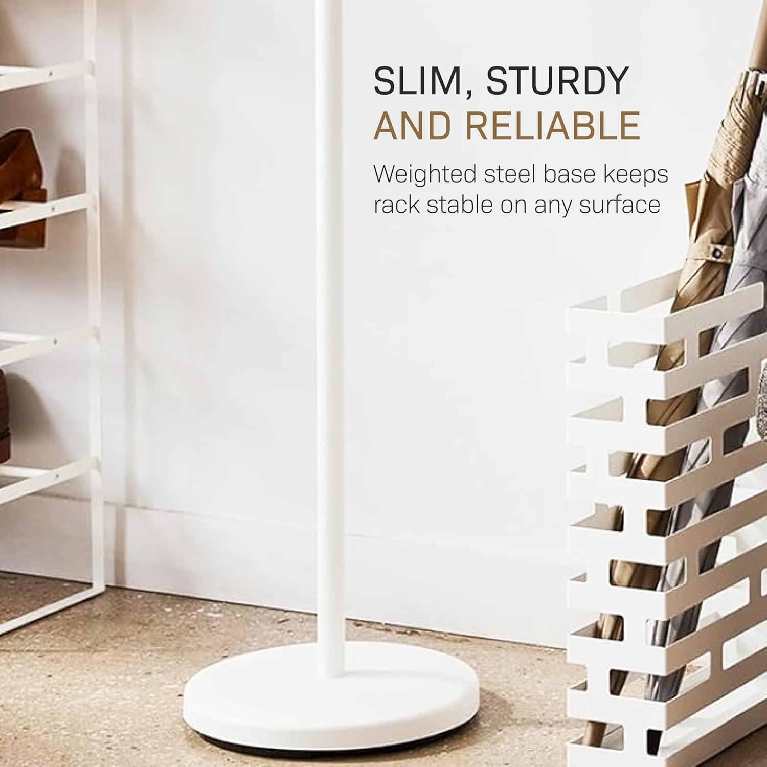 image:imageYAMAZAKI Home Freestanding Coat Rack Stand Modern Coat Tree with Wooden Hooks Standing Coat Hanger for Entryway Sturdy Weighted Base Steel Black Easy AssemblyWhite