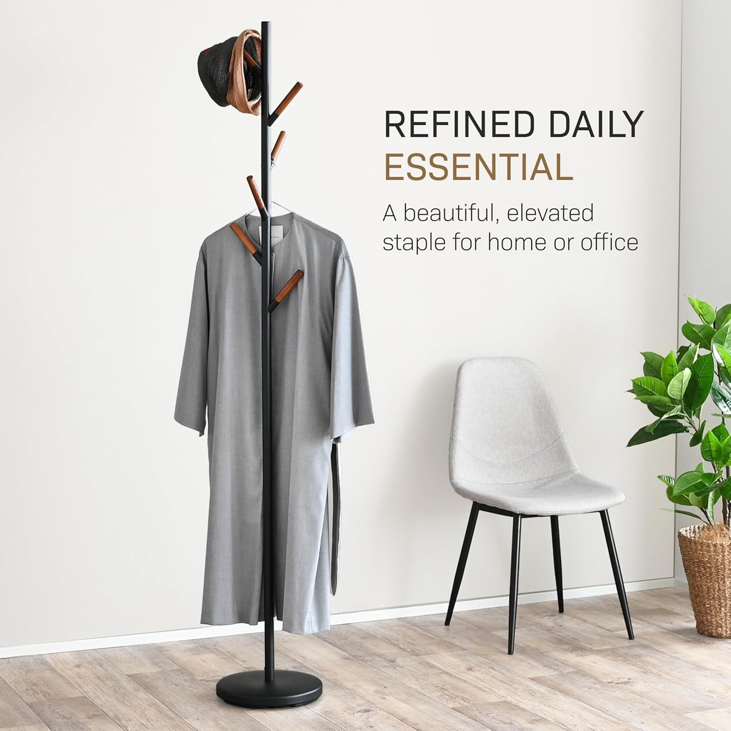image:imageYAMAZAKI Home Freestanding Coat Rack Stand Modern Coat Tree with Wooden Hooks Standing Coat Hanger for Entryway Sturdy Weighted Base Steel Black Easy AssemblyBlack