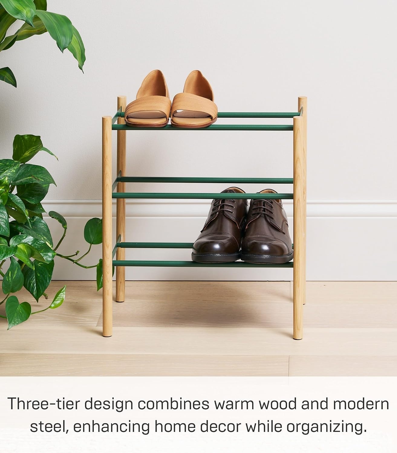 image:imageYAMAZAKI Home Plain Expandable 3Tiered Space Saving Shoe Rack Metal Shoe Organizer For Entryway Or Bedroom 18 Steel Holds 12 To 16 ShoesForest Green