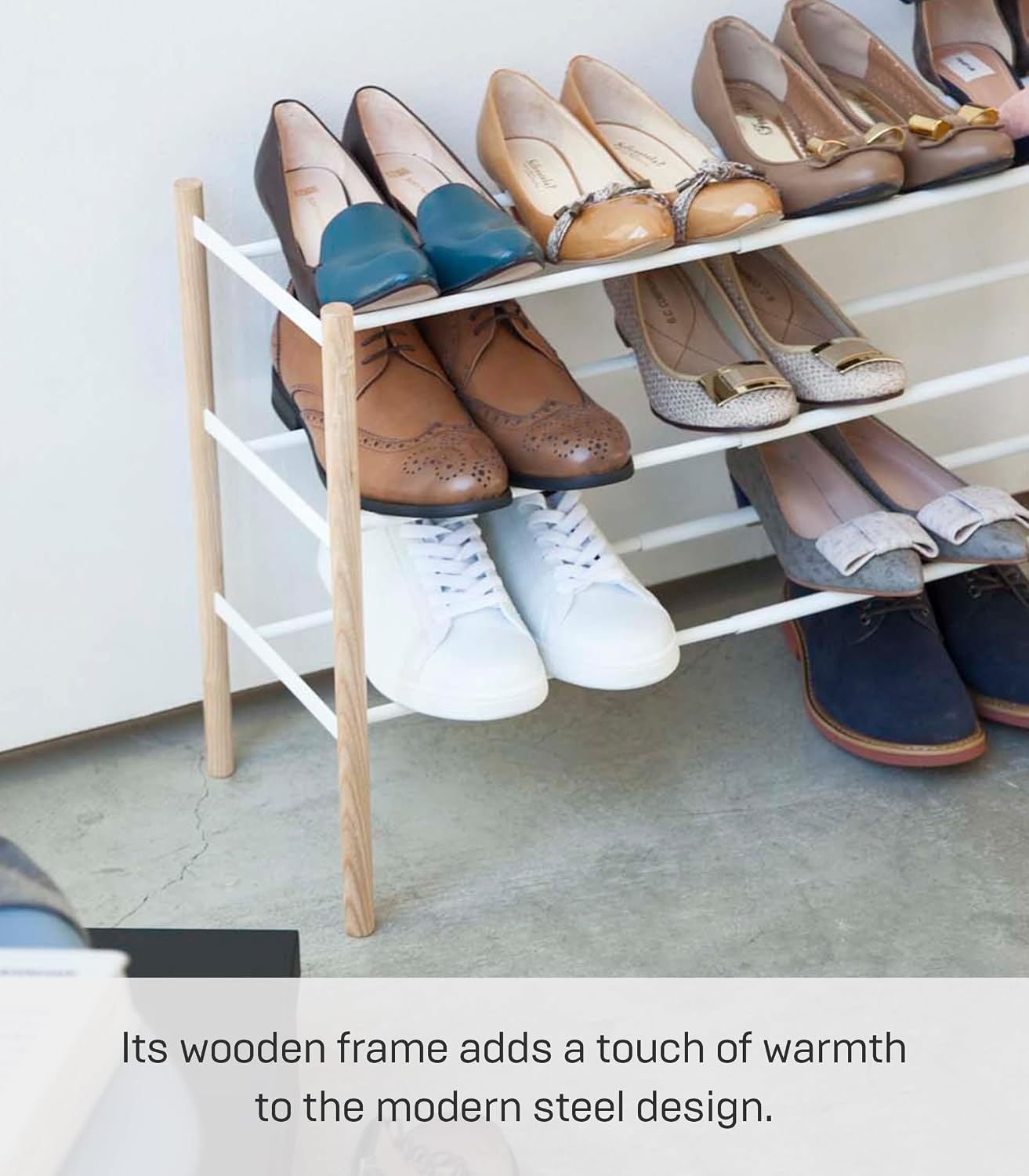 image:imageYAMAZAKI Home Plain Expandable 3Tiered Space Saving Shoe Rack Metal Shoe Organizer For Entryway Or Bedroom 18 Steel Holds 12 To 16 ShoesWhite
