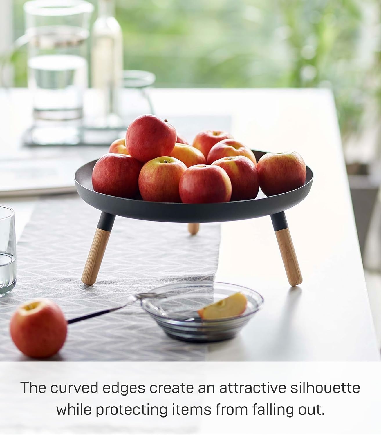 image:imageYAMAZAKI Home Plain Metal Pedestal Table Tray with Wooden Legs for Countertop Or Floor Holds Fruit Plants Tea 5 Steel WoodBlack