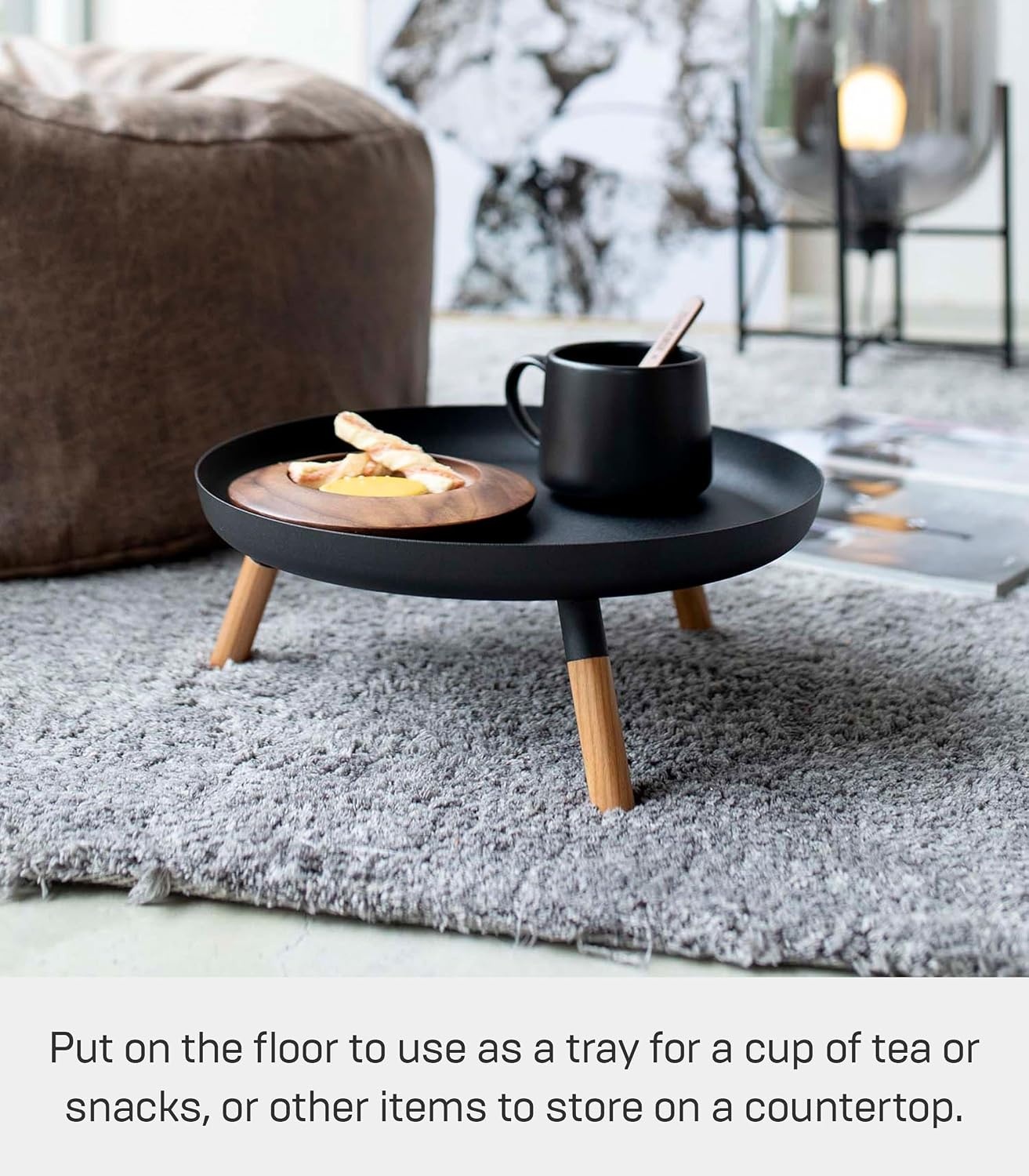 image:imageYAMAZAKI Home Plain Metal Pedestal Table Tray with Wooden Legs for Countertop Or Floor Holds Fruit Plants Tea 5 Steel WoodBlack