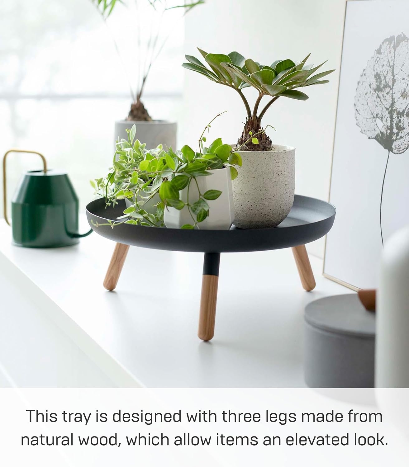 image:imageYAMAZAKI Home Plain Metal Pedestal Table Tray with Wooden Legs for Countertop Or Floor Holds Fruit Plants Tea 5 Steel WoodBlack