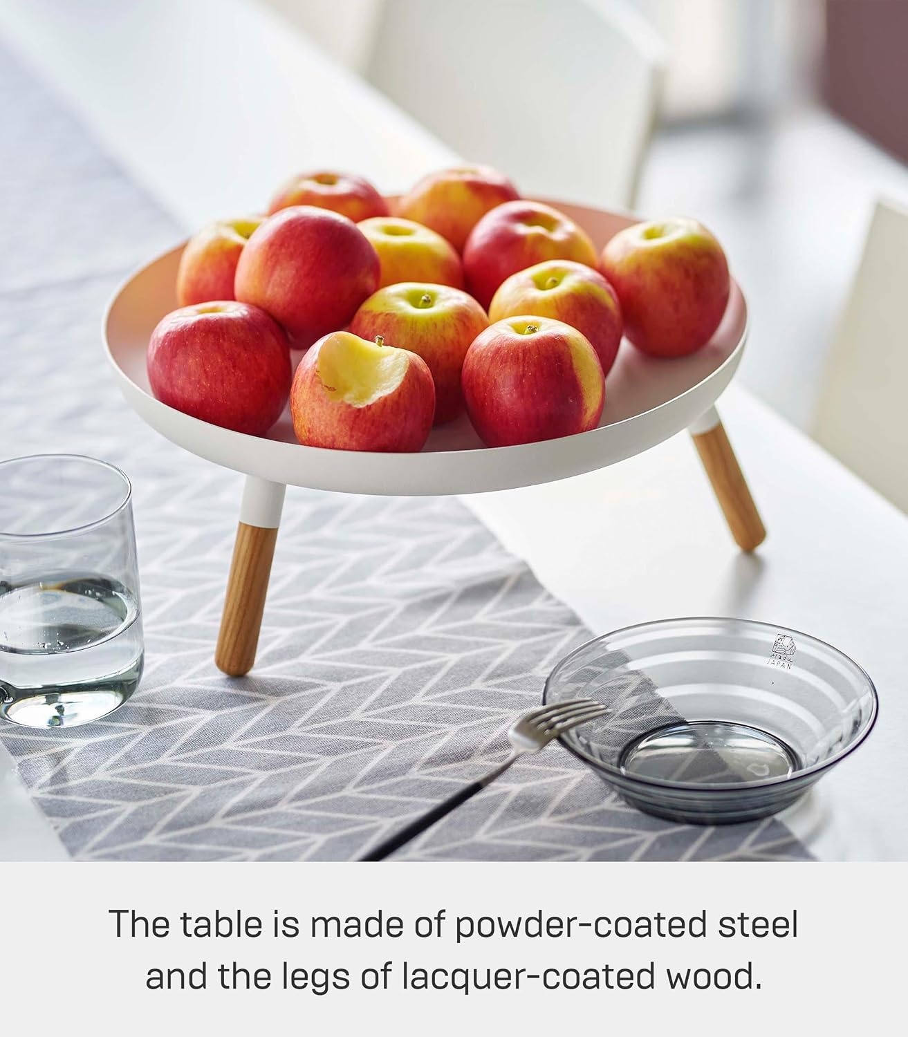 image:imageYAMAZAKI Home Plain Metal Pedestal Table Tray with Wooden Legs for Countertop Or Floor Holds Fruit Plants Tea 5 Steel WoodWhite