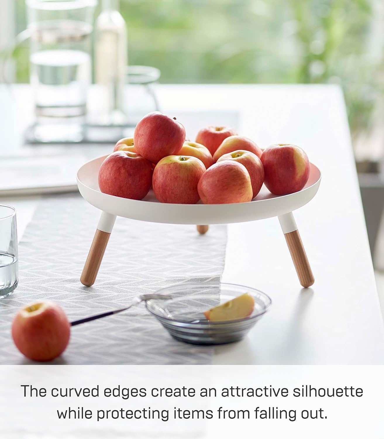 image:imageYAMAZAKI Home Plain Metal Pedestal Table Tray with Wooden Legs for Countertop Or Floor Holds Fruit Plants Tea 5 Steel WoodWhite