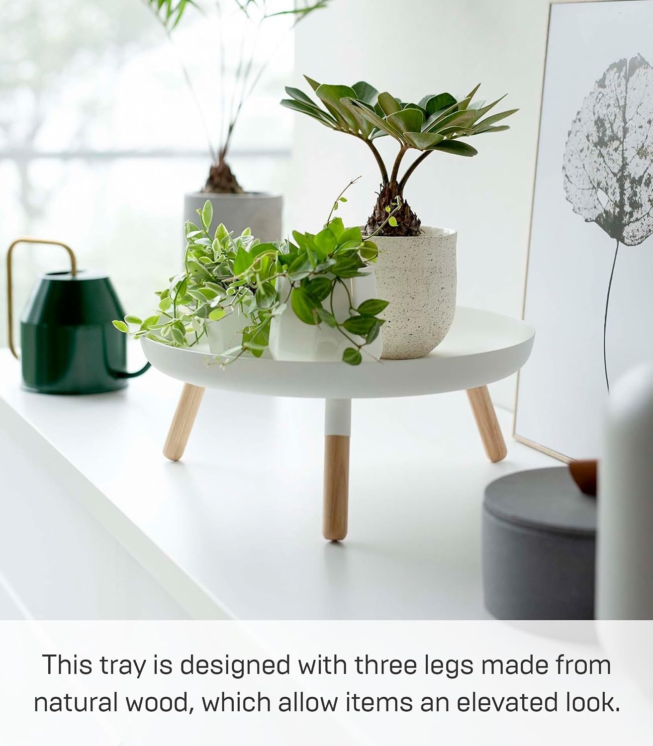 image:imageYAMAZAKI Home Plain Metal Pedestal Table Tray with Wooden Legs for Countertop Or Floor Holds Fruit Plants Tea 5 Steel WoodWhite