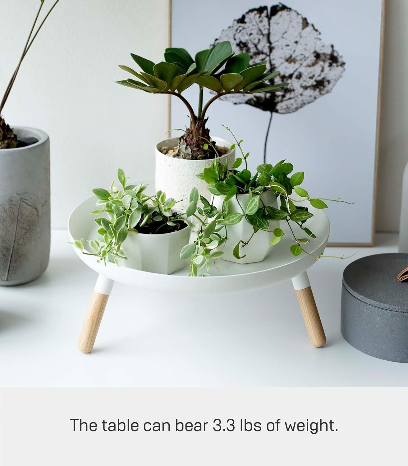 image:imageYAMAZAKI Home Plain Metal Pedestal Table Tray with Wooden Legs for Countertop Or Floor Holds Fruit Plants Tea 5 Steel WoodWhite