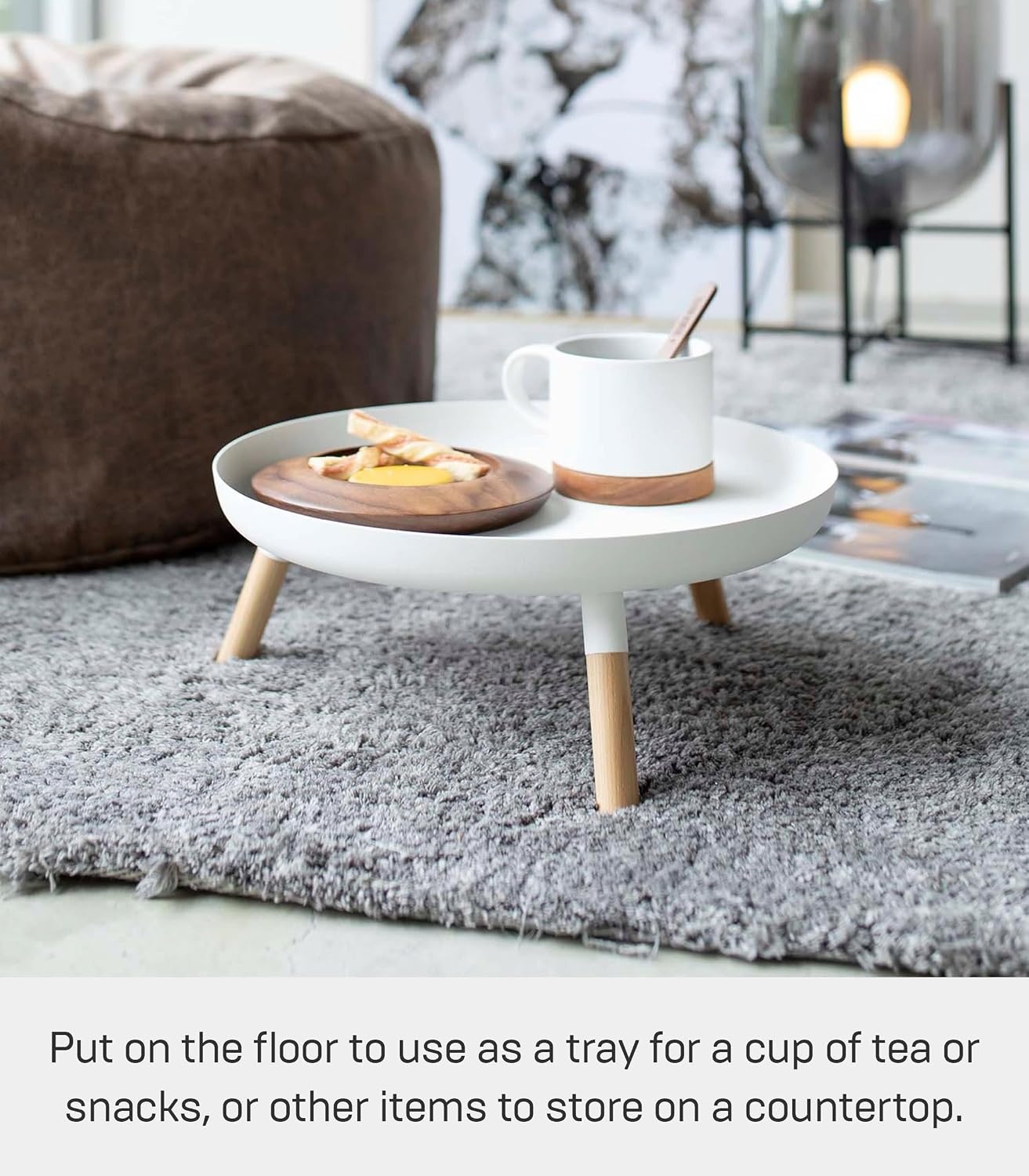 image:imageYAMAZAKI Home Plain Metal Pedestal Table Tray with Wooden Legs for Countertop Or Floor Holds Fruit Plants Tea 5 Steel WoodWhite