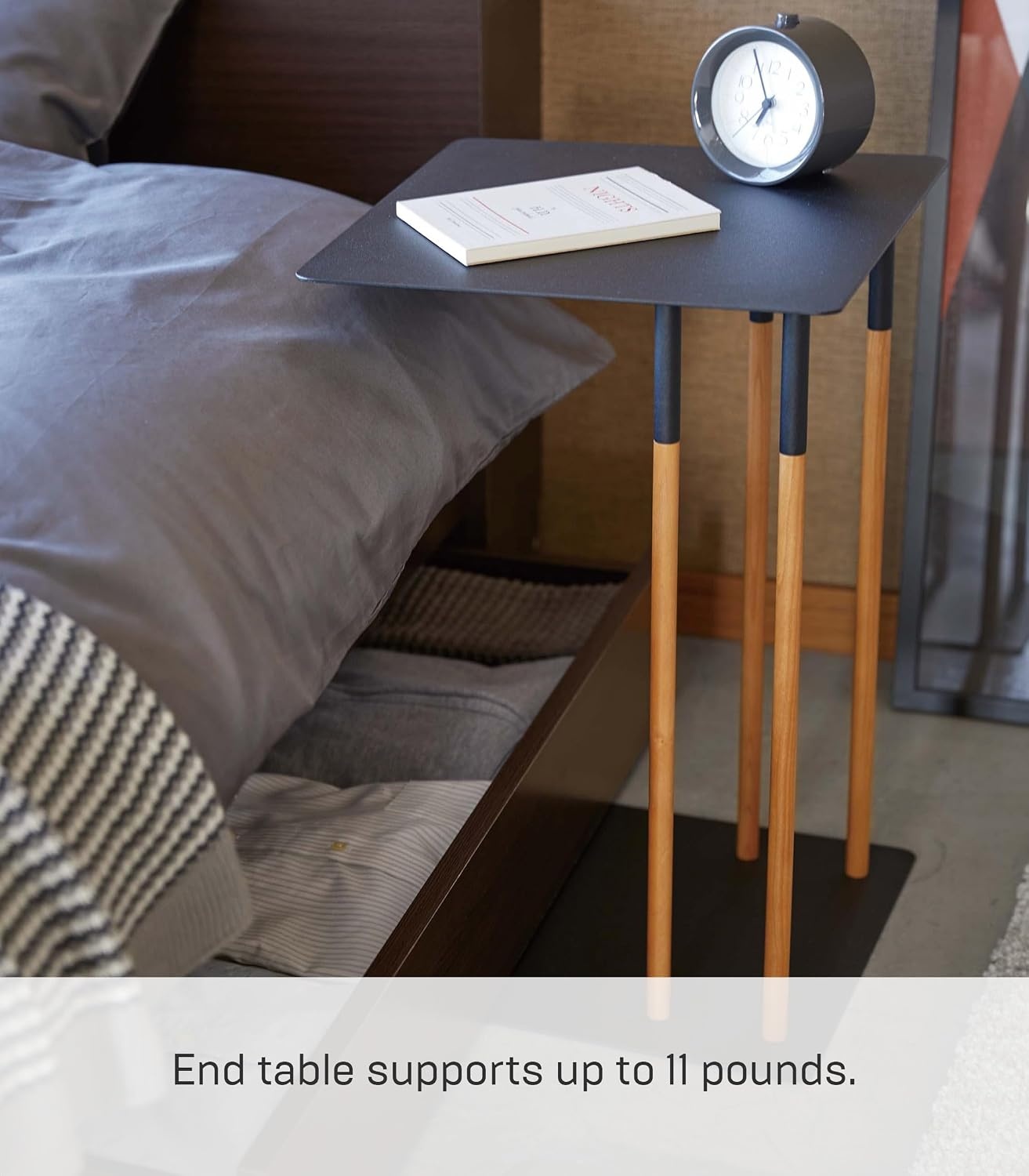 image:imageYAMAZAKI Home Plain Metal and Wood Sliding Sofa C Table End Table Coffee Tray Laptop Desk Modern Bedside Or Living Room Small Accent Table 22 SteelBlack