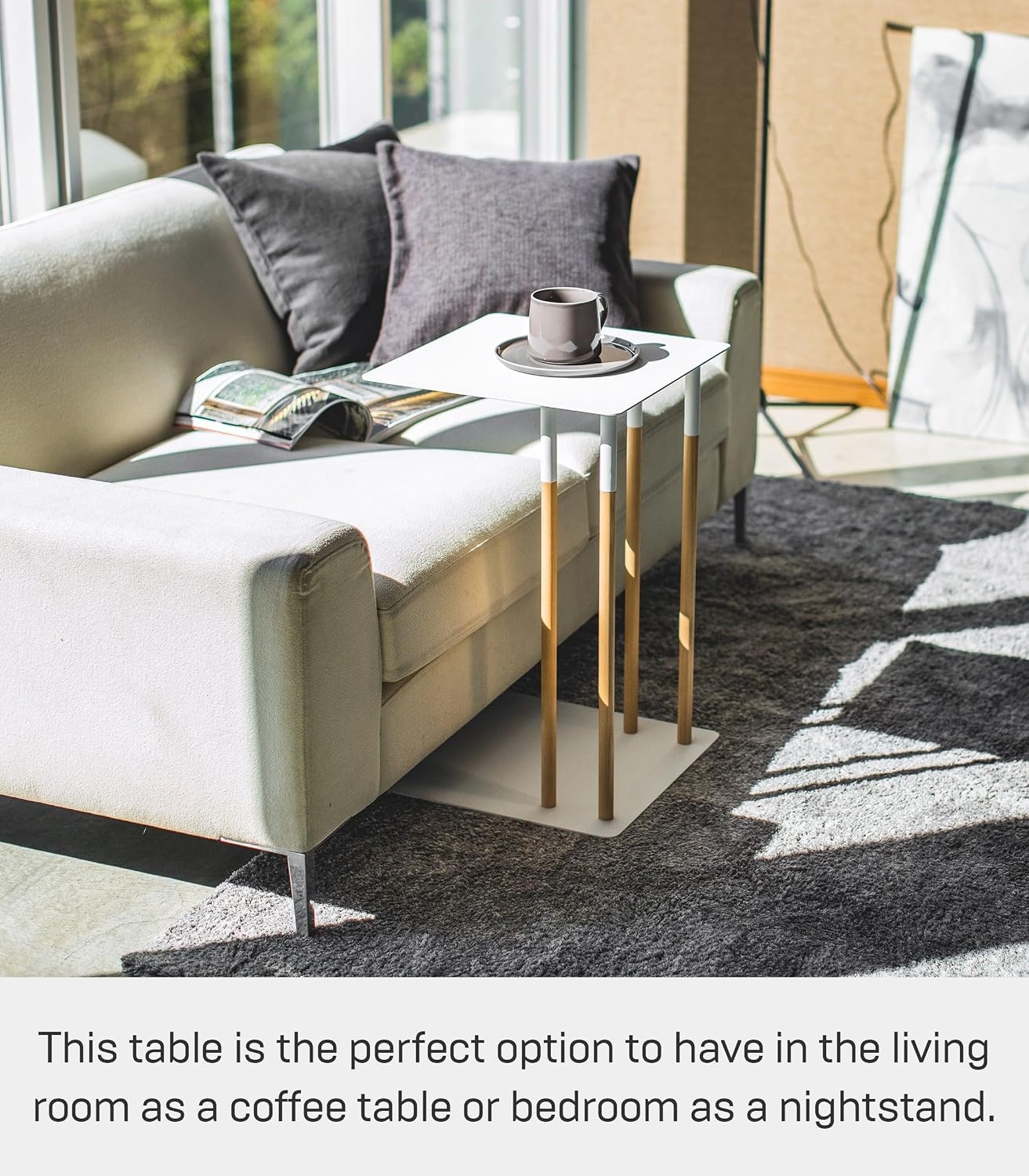 image:imageYAMAZAKI Home Plain Metal and Wood Sliding Sofa C Table End Table Coffee Tray Laptop Desk Modern Bedside Or Living Room Small Accent Table 22 SteelWhite