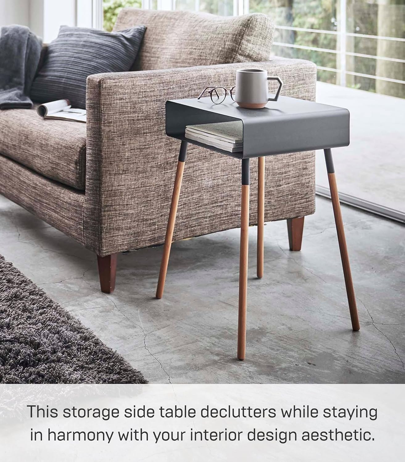 image:imageYAMAZAKI Home Plain Side Table with Open Storage Shelf Rectangular Accent Space Saving Living Room Bedroom Couch End Table Short 14 Steel WoodBlack
