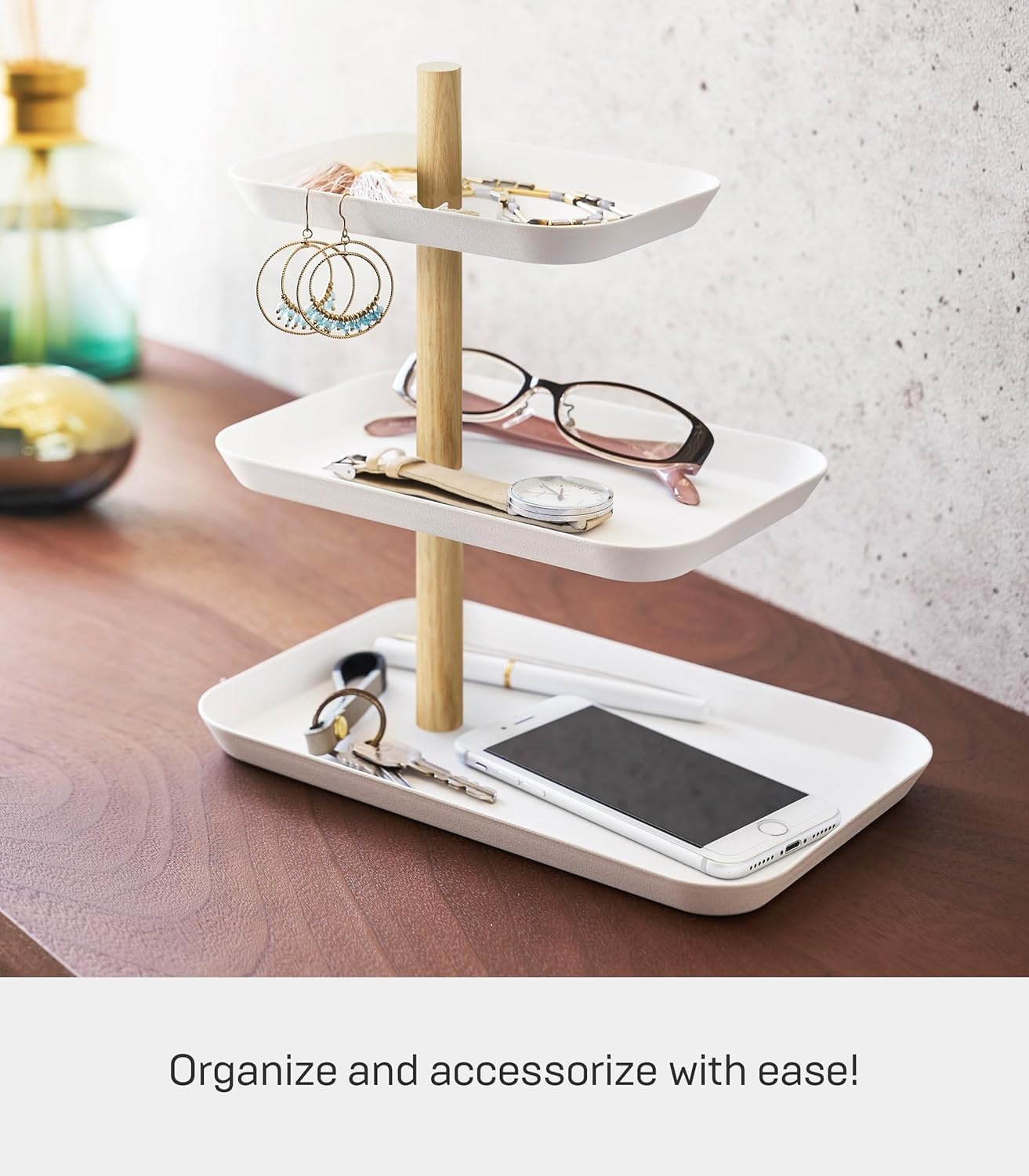 image:imageYAMAZAKI Home Rin 3Tier Accessory Tray Jewelry Holder amp Storage Organizer Metal With Wooden Accent SteelAsh