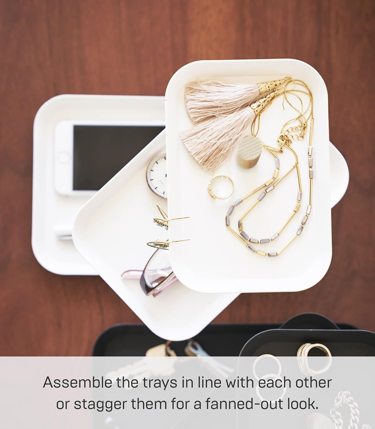 image:imageYAMAZAKI Home Rin 3Tier Accessory Tray Jewelry Holder amp Storage Organizer Metal With Wooden Accent SteelAsh