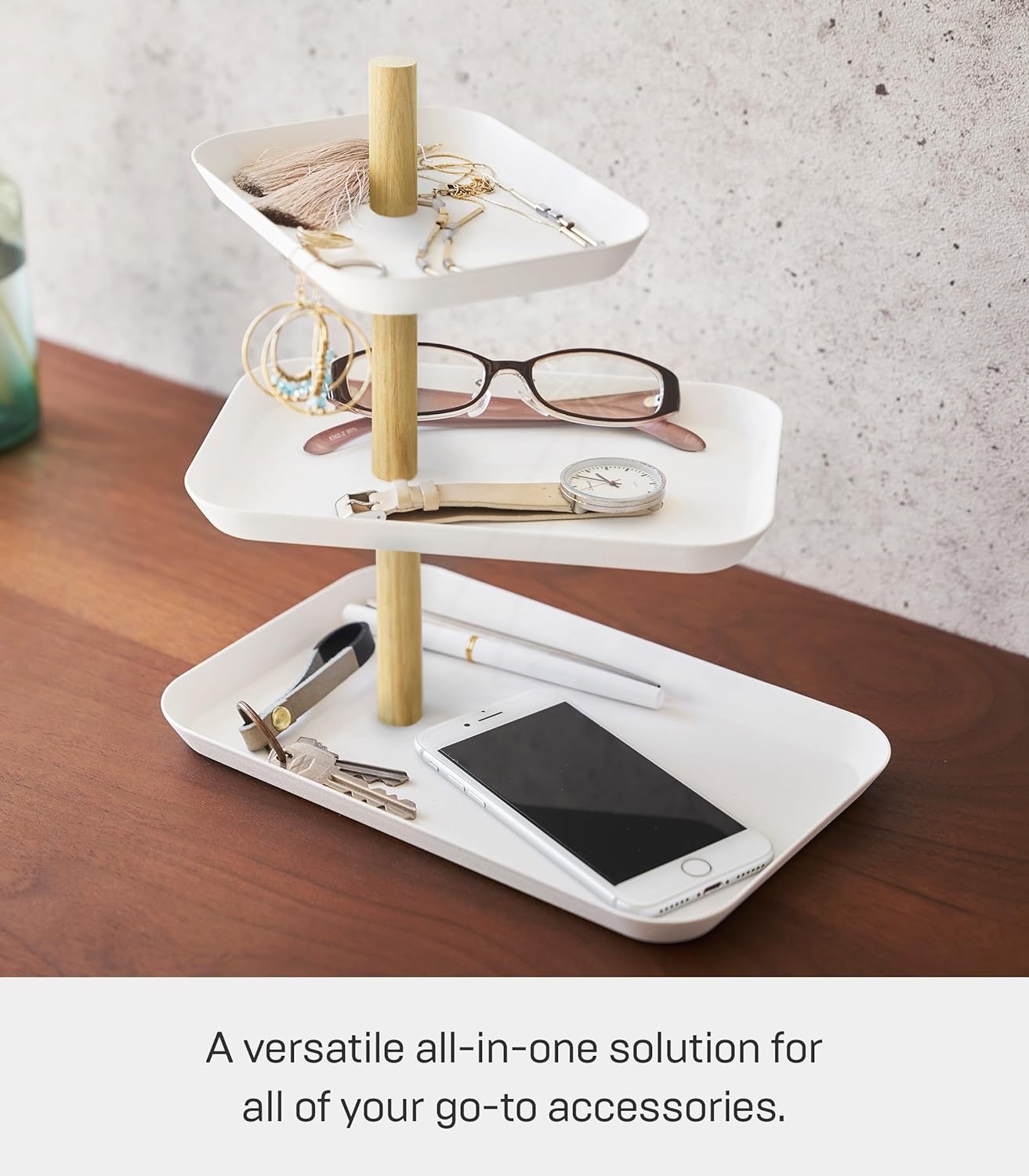 image:imageYAMAZAKI Home Rin 3Tier Accessory Tray Jewelry Holder amp Storage Organizer Metal With Wooden Accent SteelAsh