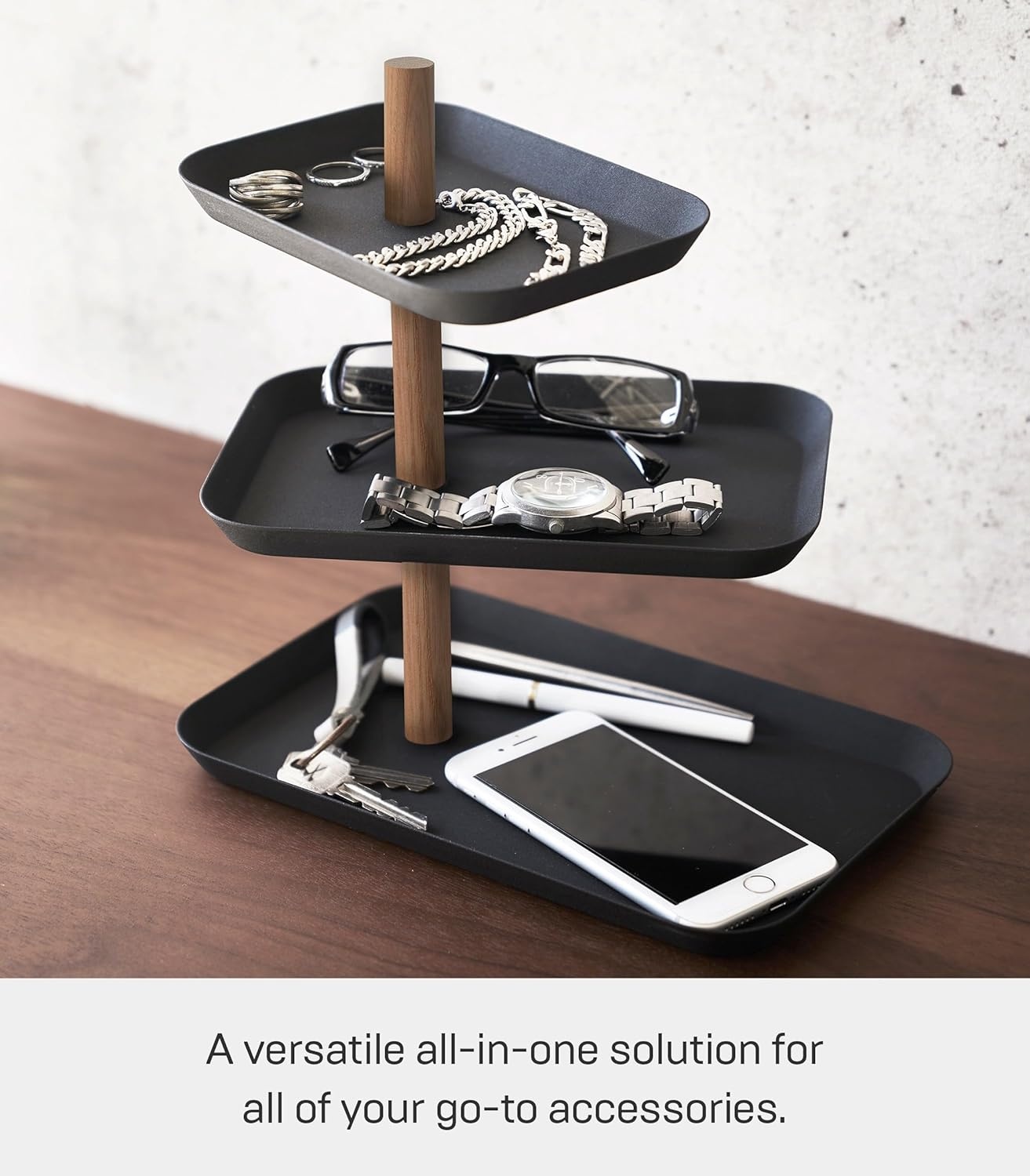 image:imageYAMAZAKI Home Rin 3Tier Accessory Tray Jewelry Holder amp Storage Organizer Metal With Wooden Accent SteelWalnut