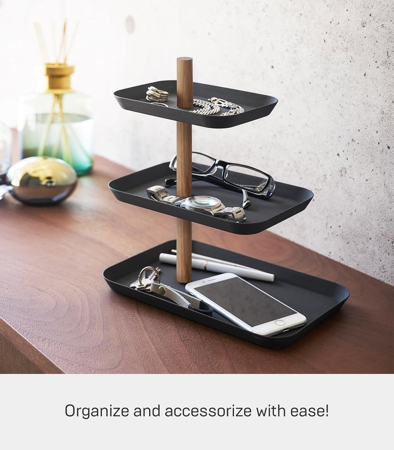 image:imageYAMAZAKI Home Rin 3Tier Accessory Tray Jewelry Holder amp Storage Organizer Metal With Wooden Accent SteelWalnut