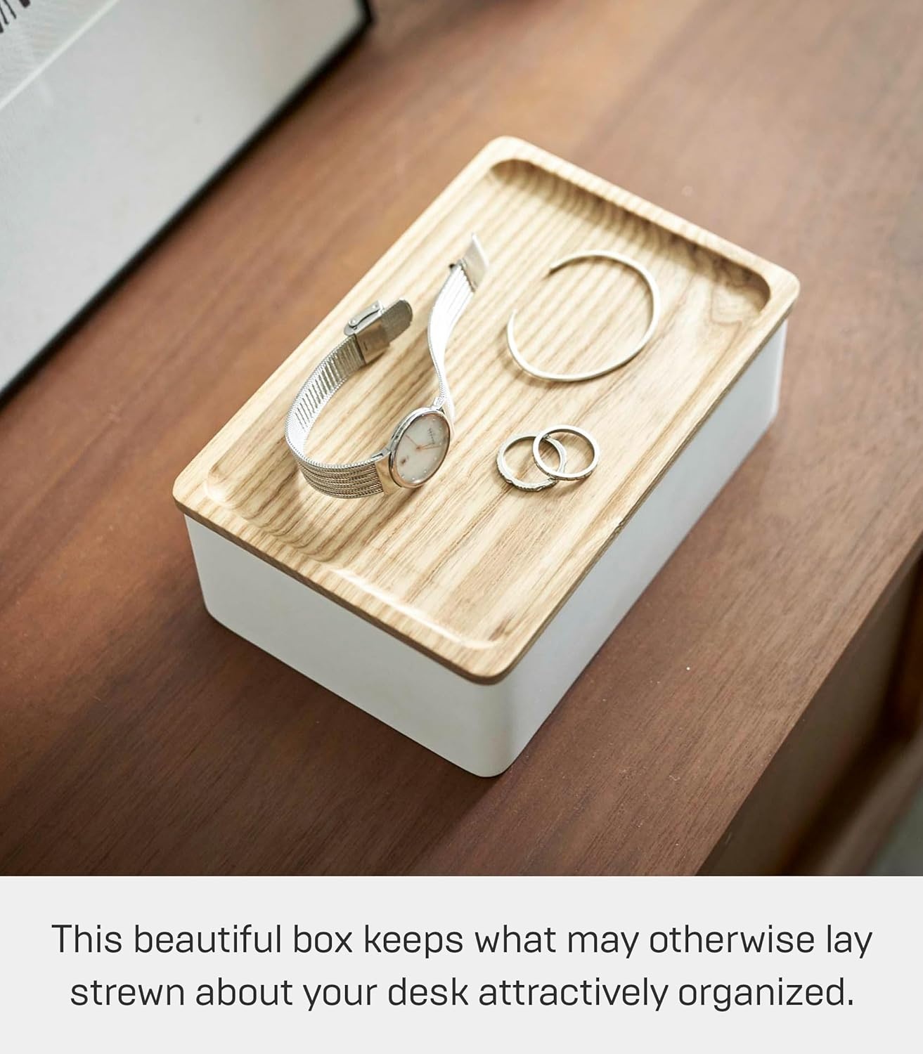 image:imageYAMAZAKI Home Rin Accessory Box With Wooden Lid For Jewelry Watches Or Sunglasses PolystoneAsh