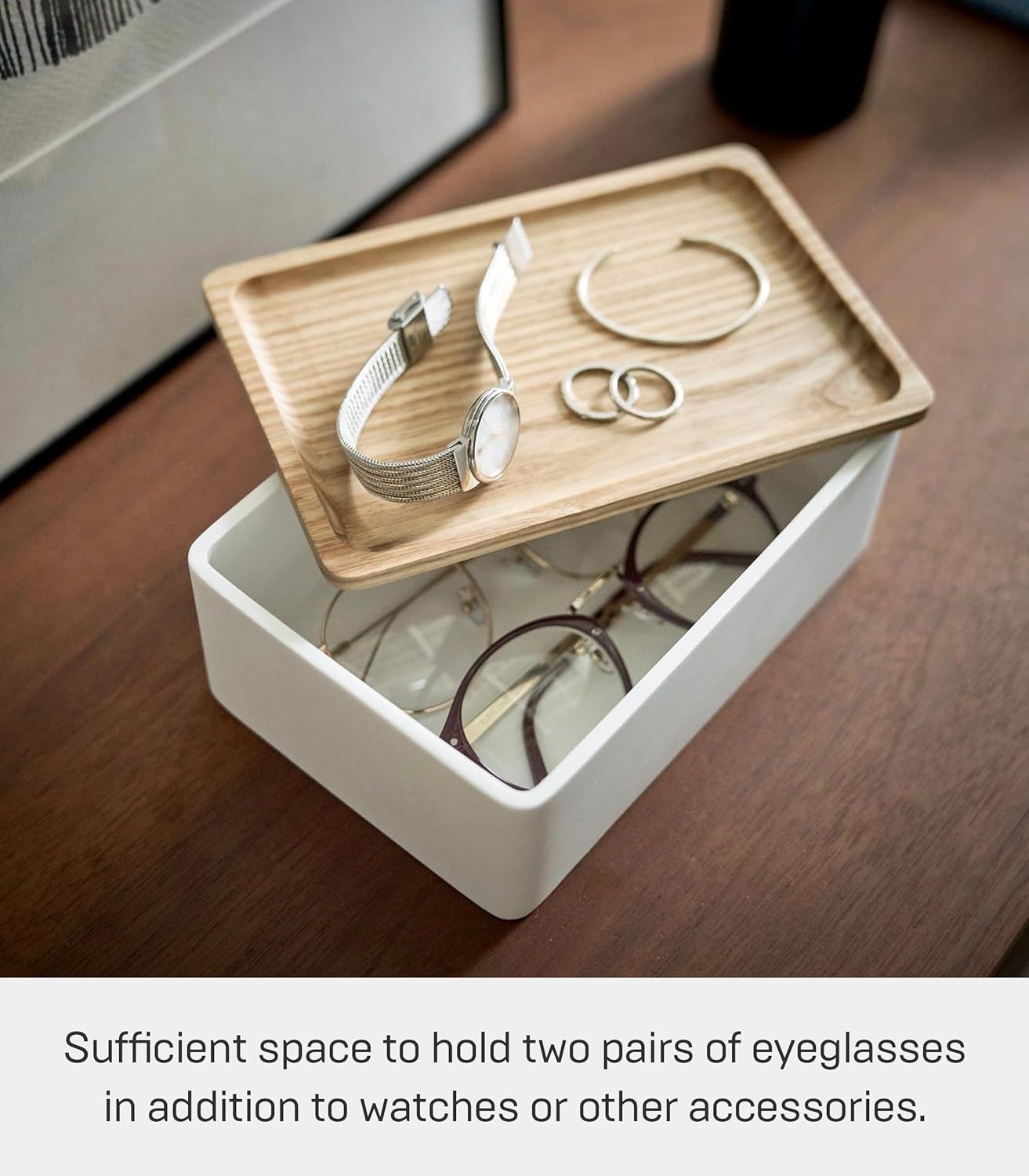 image:imageYAMAZAKI Home Rin Accessory Box With Wooden Lid For Jewelry Watches Or Sunglasses PolystoneAsh