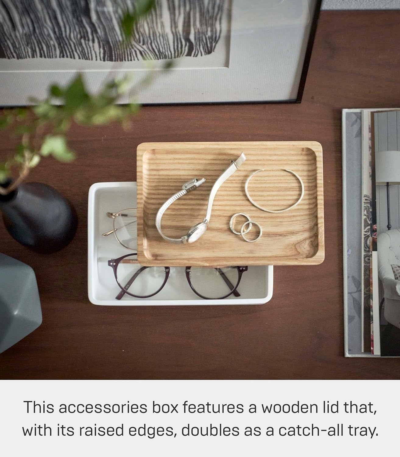 image:imageYAMAZAKI Home Rin Accessory Box With Wooden Lid For Jewelry Watches Or Sunglasses PolystoneAsh