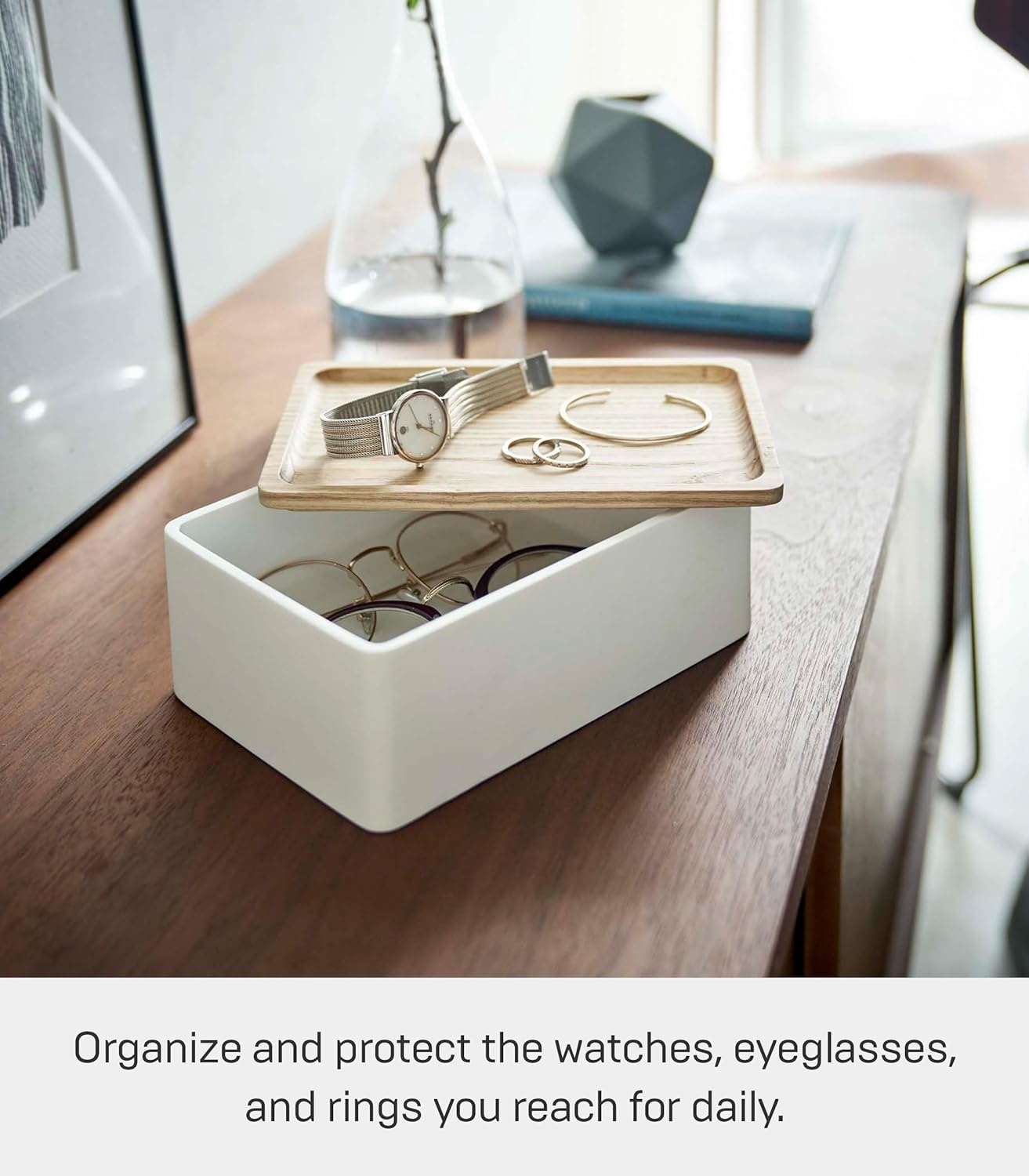 image:imageYAMAZAKI Home Rin Accessory Box With Wooden Lid For Jewelry Watches Or Sunglasses PolystoneAsh