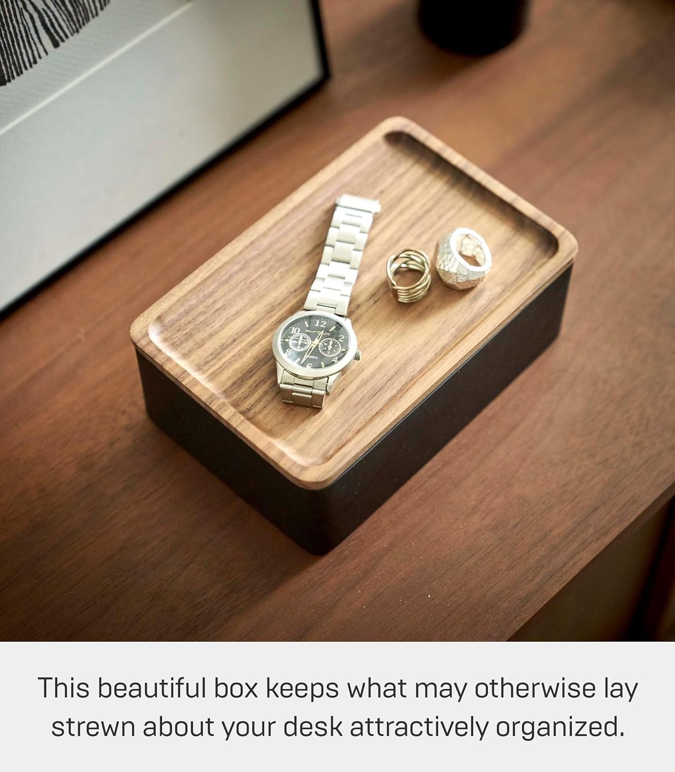 image:imageYAMAZAKI Home Rin Accessory Box With Wooden Lid For Jewelry Watches Or Sunglasses PolystoneWalnut