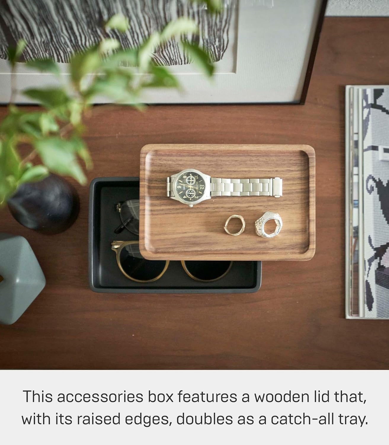 image:imageYAMAZAKI Home Rin Accessory Box With Wooden Lid For Jewelry Watches Or Sunglasses PolystoneWalnut