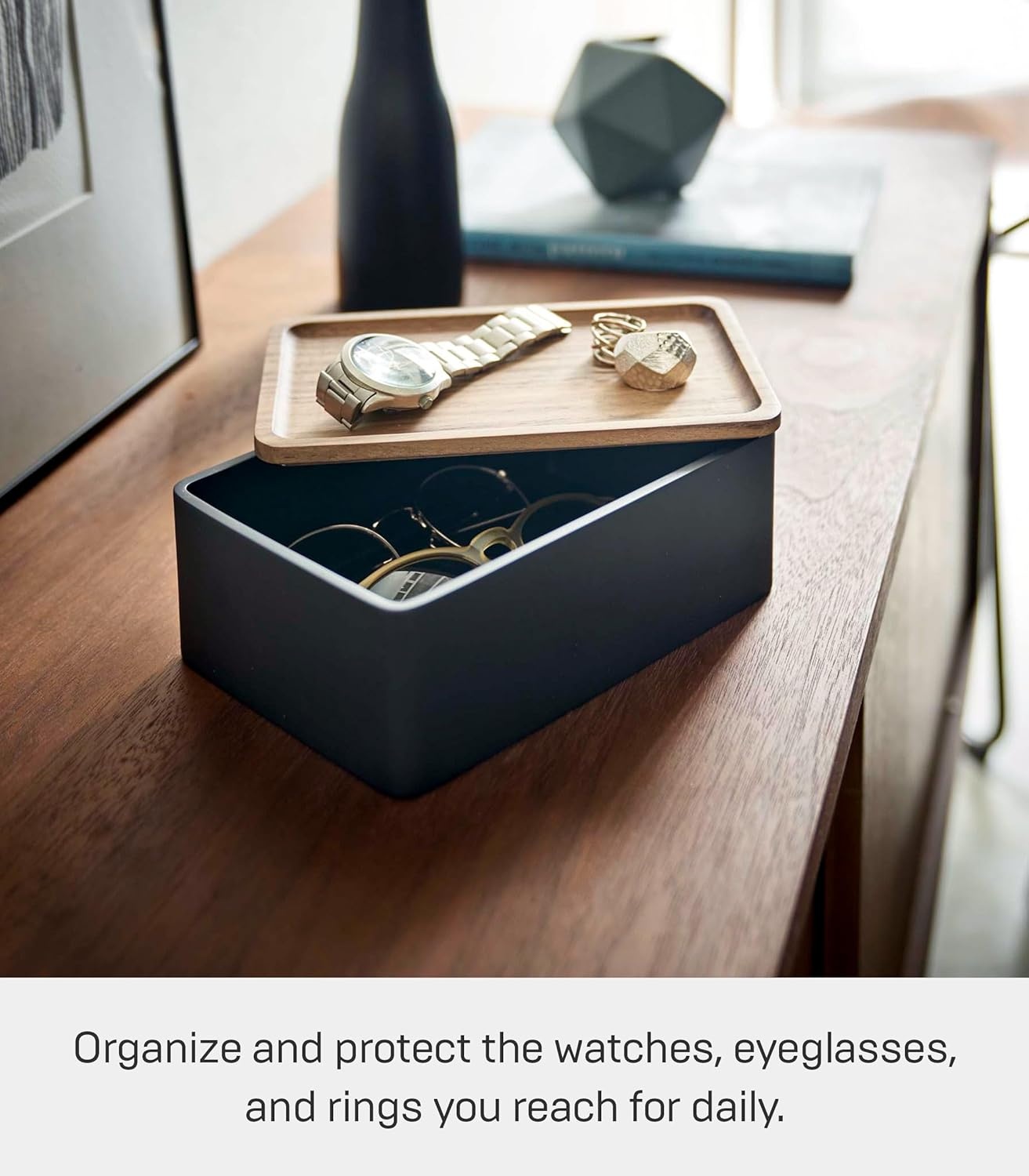 image:imageYAMAZAKI Home Rin Accessory Box With Wooden Lid For Jewelry Watches Or Sunglasses PolystoneWalnut