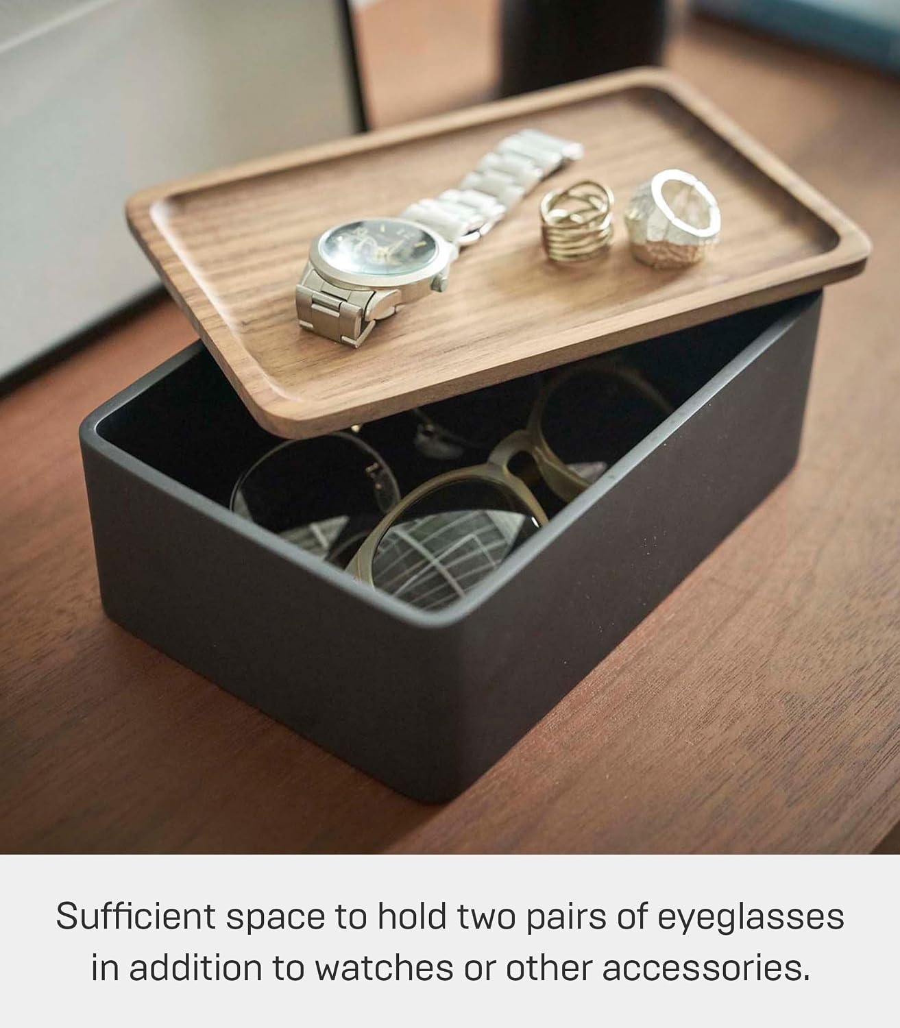 image:imageYAMAZAKI Home Rin Accessory Box With Wooden Lid For Jewelry Watches Or Sunglasses PolystoneWalnut